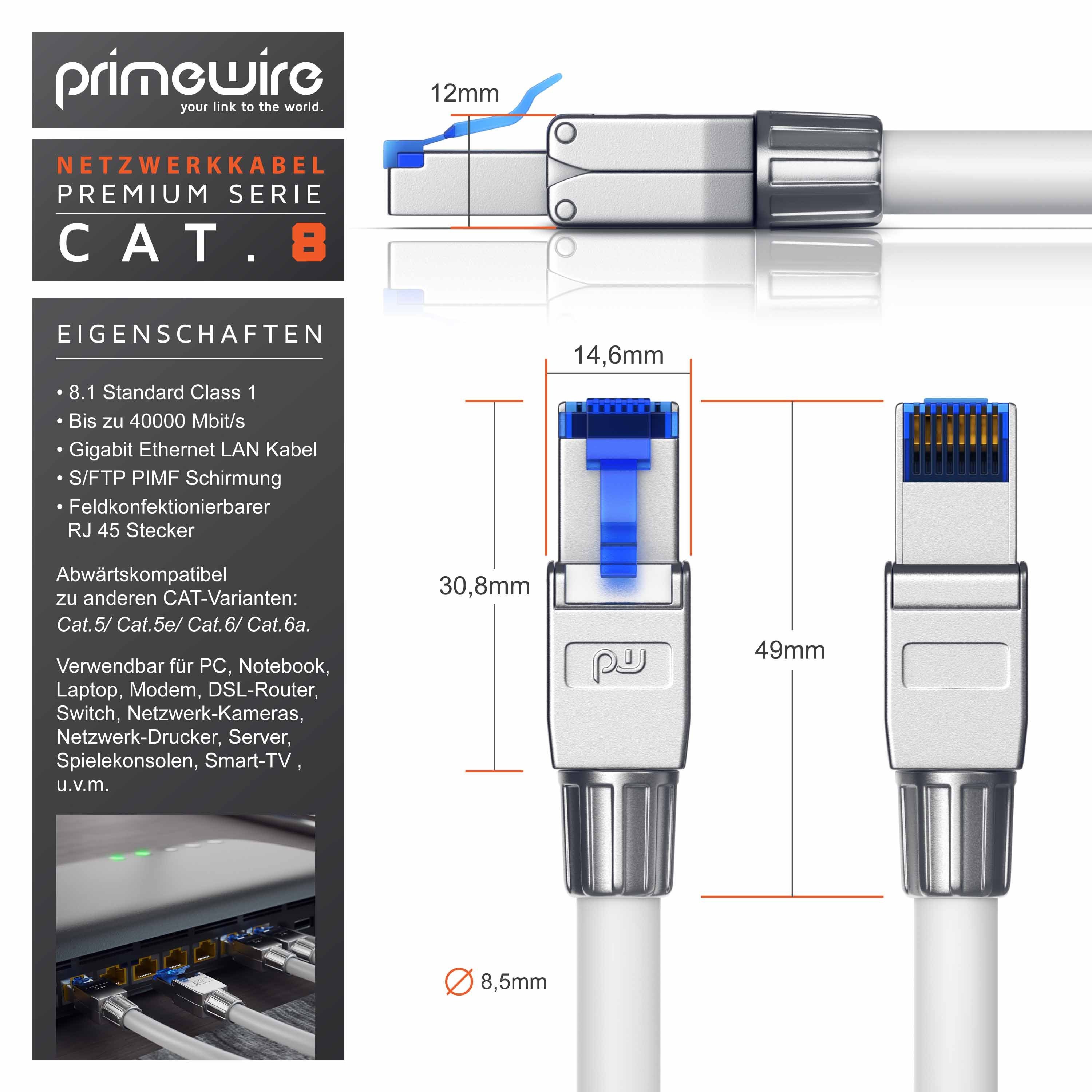 Primewire LAN-Kabel, CAT.8, RJ-45 (Ethernet) (25 cm), Netzwerkkabel CAT 8, Gigabit Ethernet 40 Gbit/s S/FTP Patchkabel 0,25m