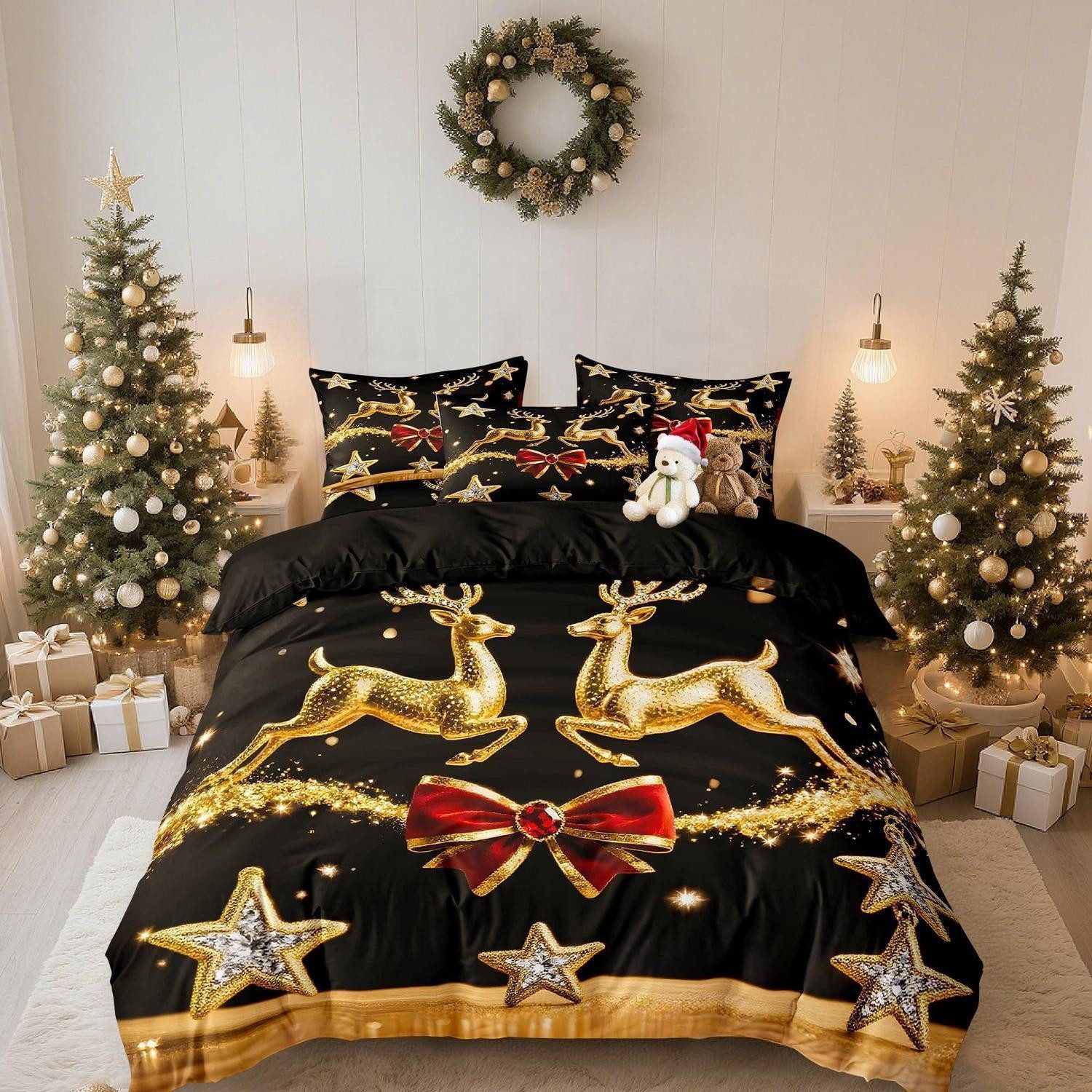 LuxusKollektion Jugendbettwäsche Weihnachts-Bettwäsche 135x200cm Schwarz Wintermotiv Chris-sdk2503