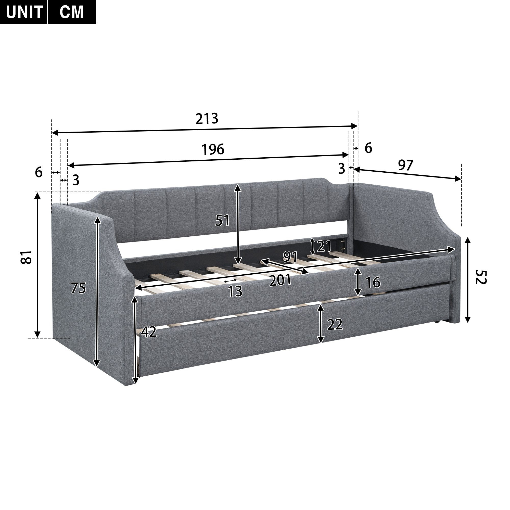 Flieks Daybett, Tagesbett Polsterbett mit Unterbett 90x200cm+90x190cm Leinen