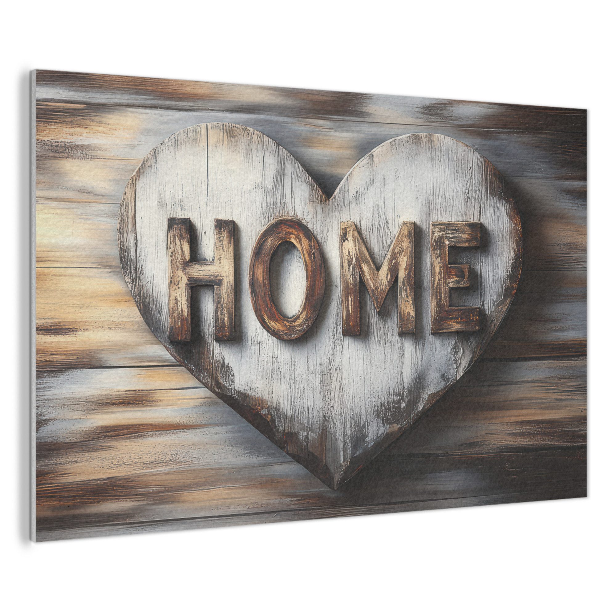 MuchoWow Gemälde Zuhause - Herz - Holzoptik - Liebe, Fotodruck (1 St), Akustikbilder XXL, Wandpaneele, Schalldämmung, Paneele 140x90 cm