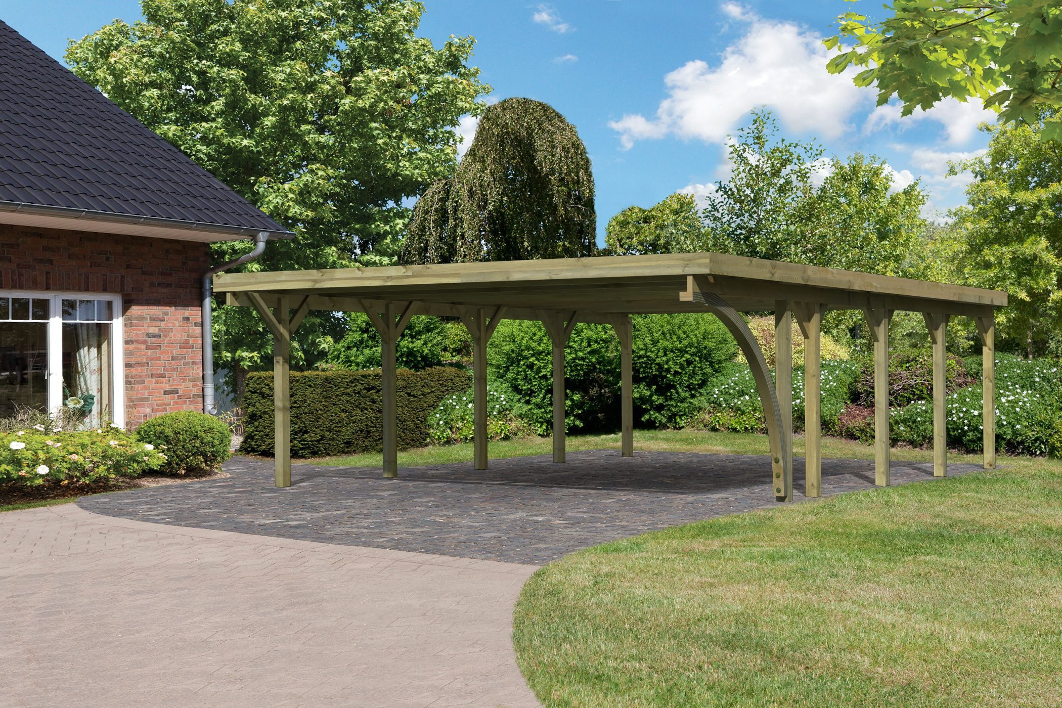 Karibu Doppelcarport »Classic 3 SET« PVC-Dach Variante B, mit einem Einfahrtsbogen, BxT: 563x777,5 cm, 206 cm Einfahrtshöhe, (Set), aus Masivholz