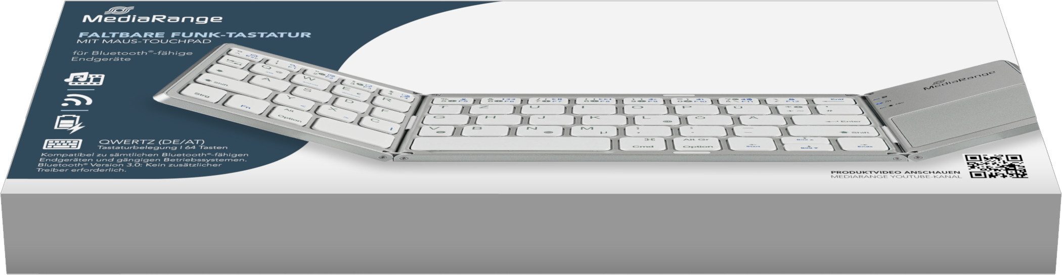 Mediarange Multi-pairing Funk Tastatur faltbar QWERTZ 63 Tasten Touchpad silber Tastatur