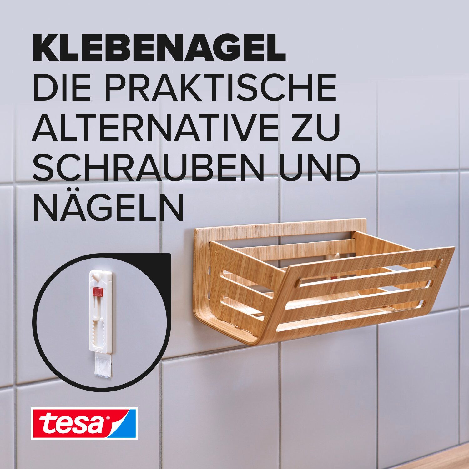 tesa Klebehaken tesa Klebenagel für Fliesen und Metall (verstellbar, 3 kg), Dekoration, Leinwände, Bilder, Girlanden, Lichterketten, (Packung, 2-St., 2 Stück), Klebenagel mit max. 3 kg Haltekraft - Fliesen & Metall - 2er Pack