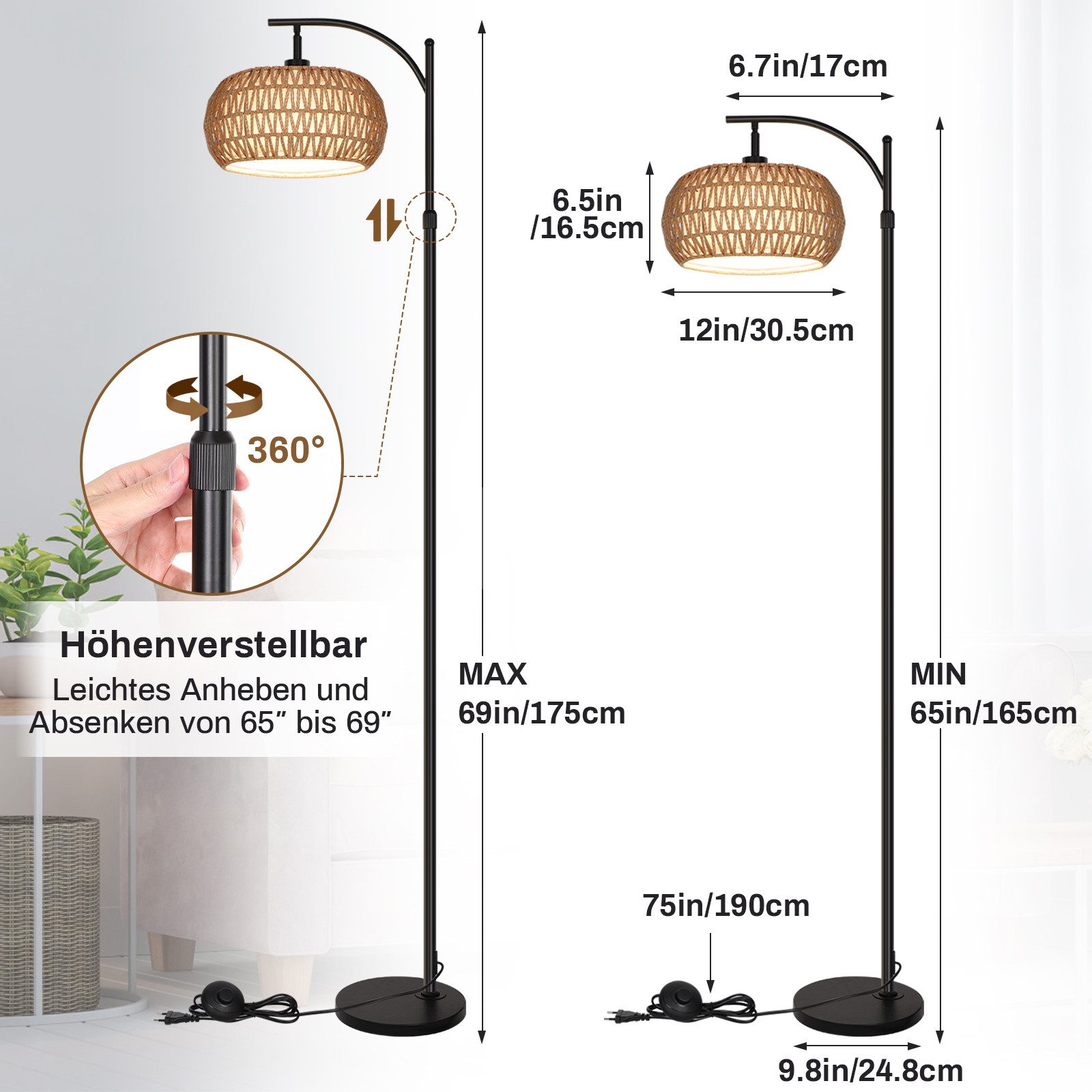 Jibenhome Stehlampe Rattan Stehlampe mit Fernbedienung,Dimmbare günstig online kaufen