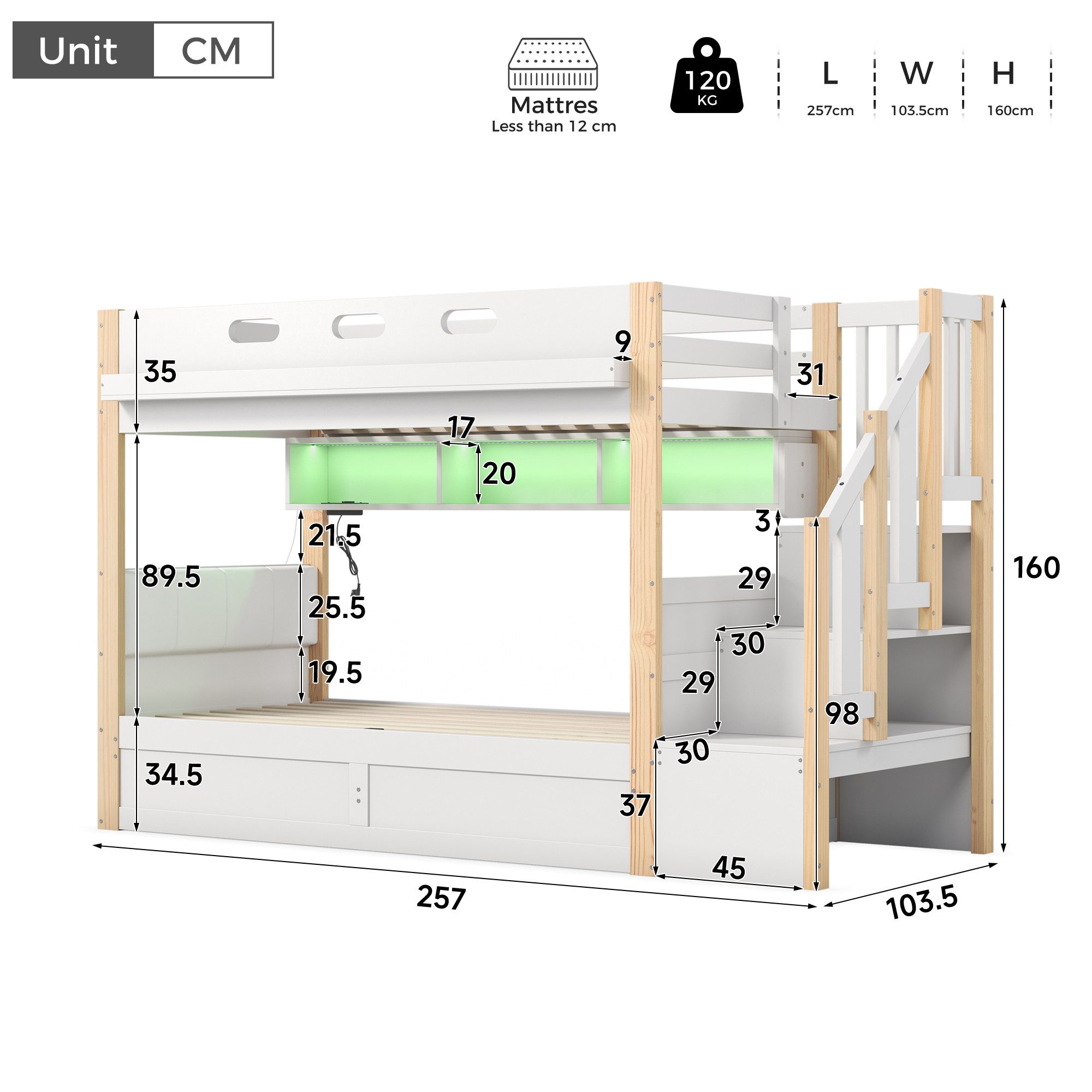 Ulife Etagenbett 2 Kinder 90×200cm mit hydraulischem Unterbett, Treppe mit Regalen, Kinderbett mit LED-Ablageboard, Hochbett großem Stauraum, Weiß + Natur – Bild 2 von 5