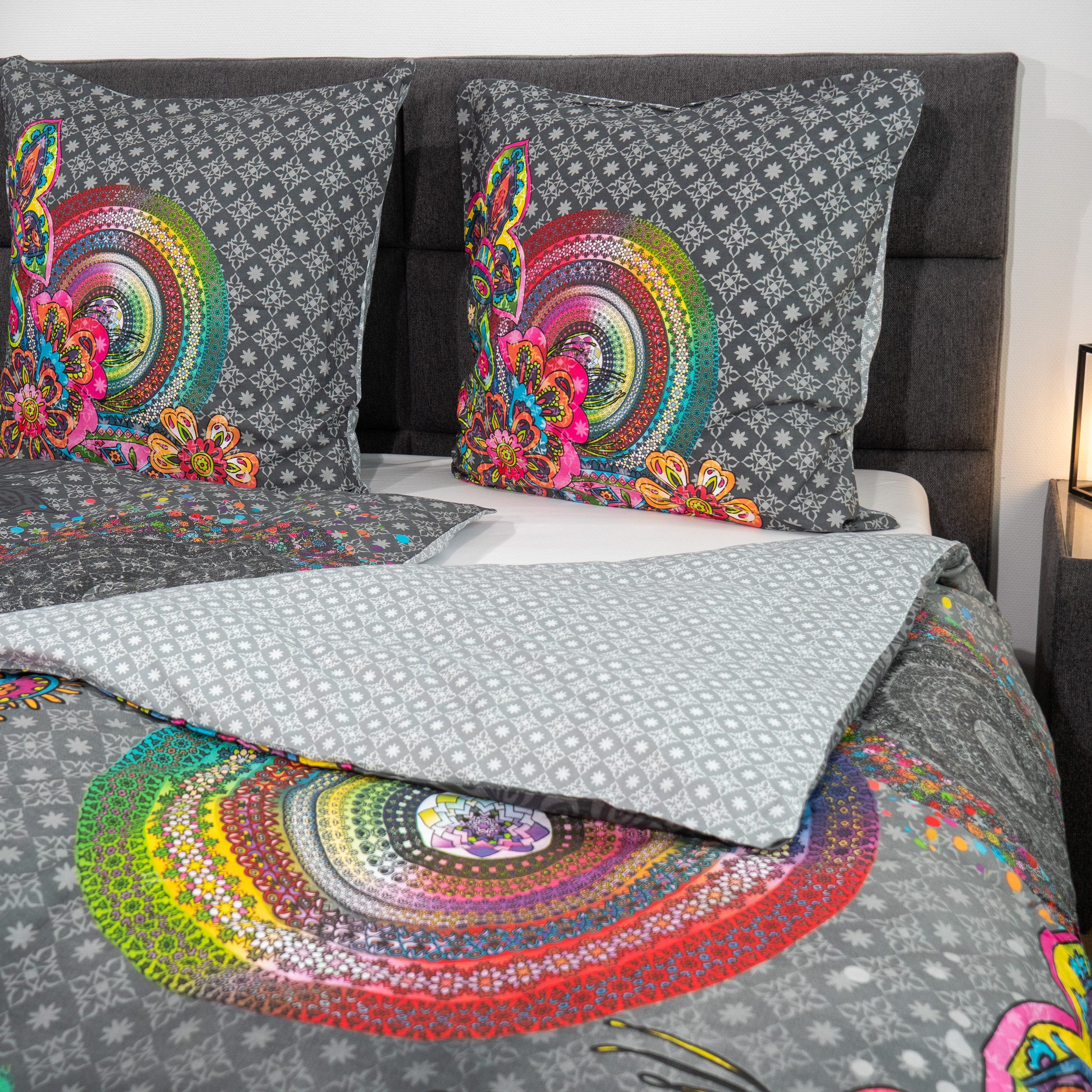 hip Bettwäsche Baumwolle, Renforcé, 2 teilig, bunte Mandalas auf grauem Hintergrund