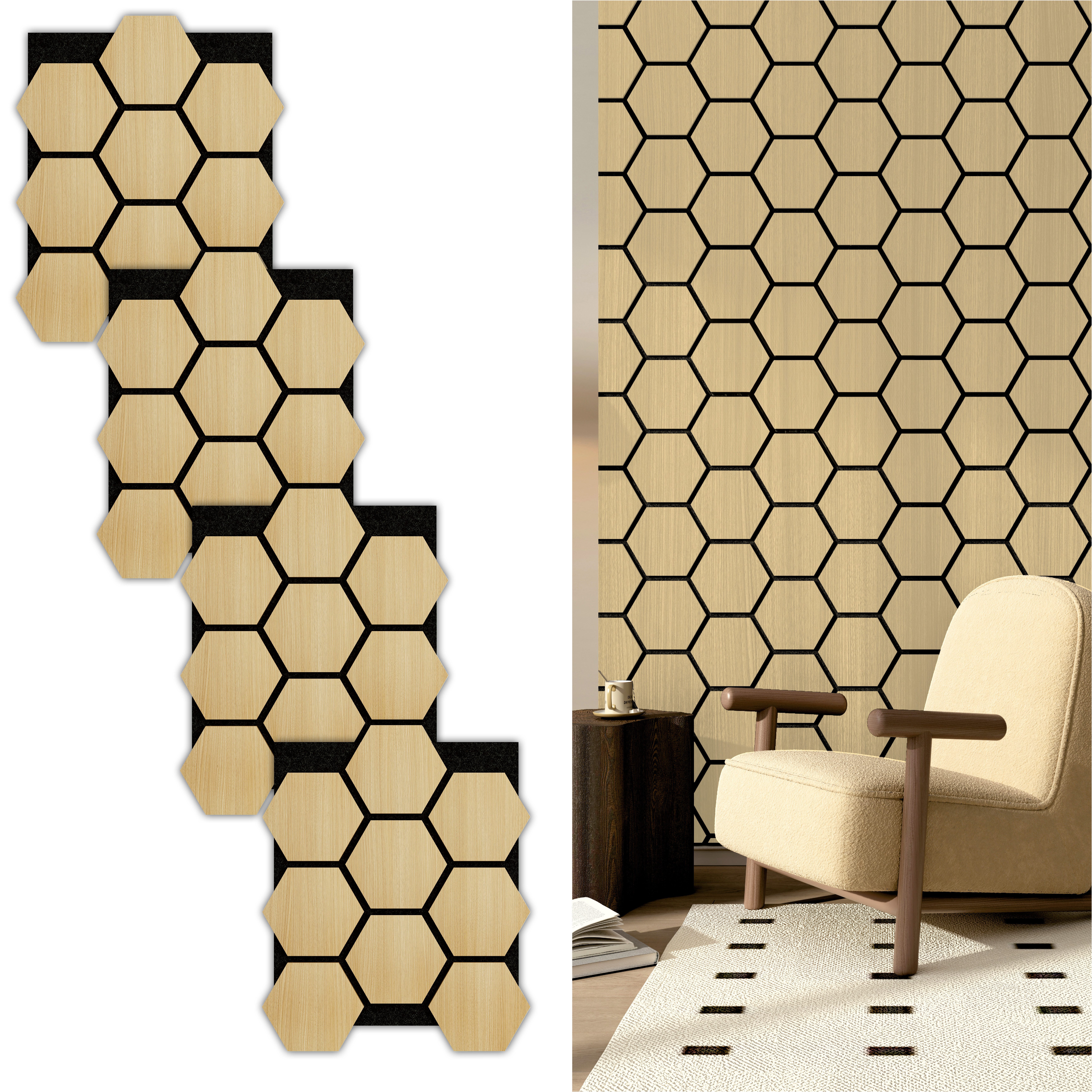 SONIDO 3D Wandpaneel Hexagon Akustikpaneele mit FSC®-zertifizierter Eicheoptik, BxL: 76,00x57,40 cm, 0,44 qm, (Set mit 4 Панели, 1,745 m², Versandkostenfreie Lieferung) 36 Echtholz-Dekopaneele mit schwarzem 9mm Filz-Akustikträger