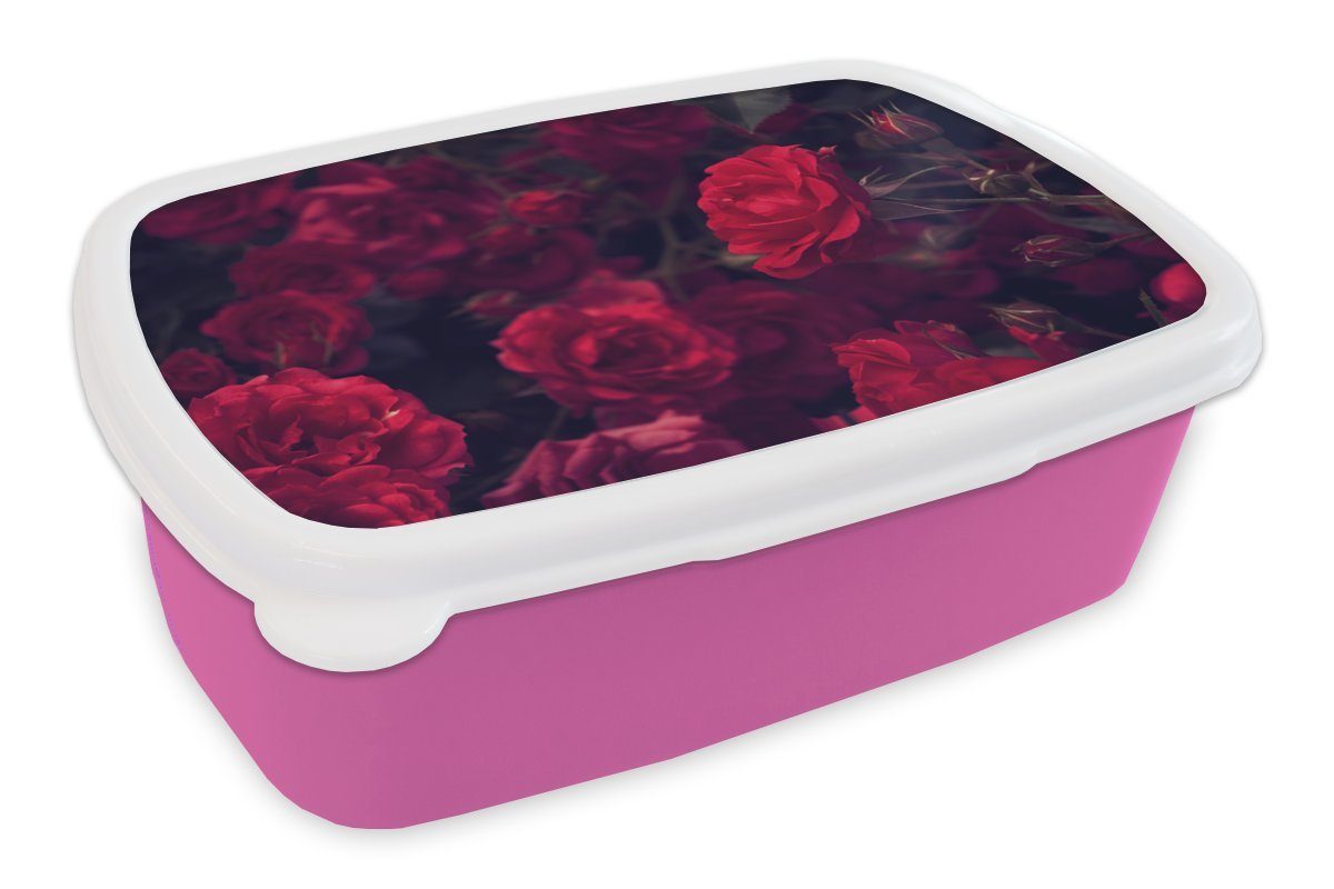 MuchoWow Lunchbox Rosen - Rot - Schwarz, Kunststoff, (2-tlg), Brotbox für Erwachsene, Brotdose Kinder, Snackbox, Mädchen, Kunststoff rosa
