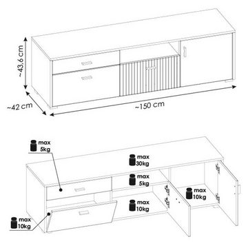 Lomadox Lowboard HUNTER-61, TV-Board Mediamöbel weiß matt schwarz gerillt 150x44x42 cm