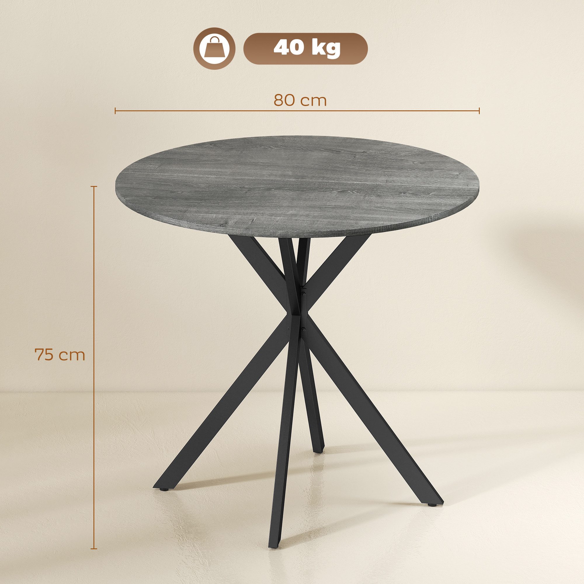 HOMCOM Esstisch Küchentisch im Industriestil mit Stahlbeinen für 2 Personen (für Esszimmer, Küche, Wohnzimmer, 1-St., rund, 80 x 80 x 75 cm), Grau – Bild 3 von 5