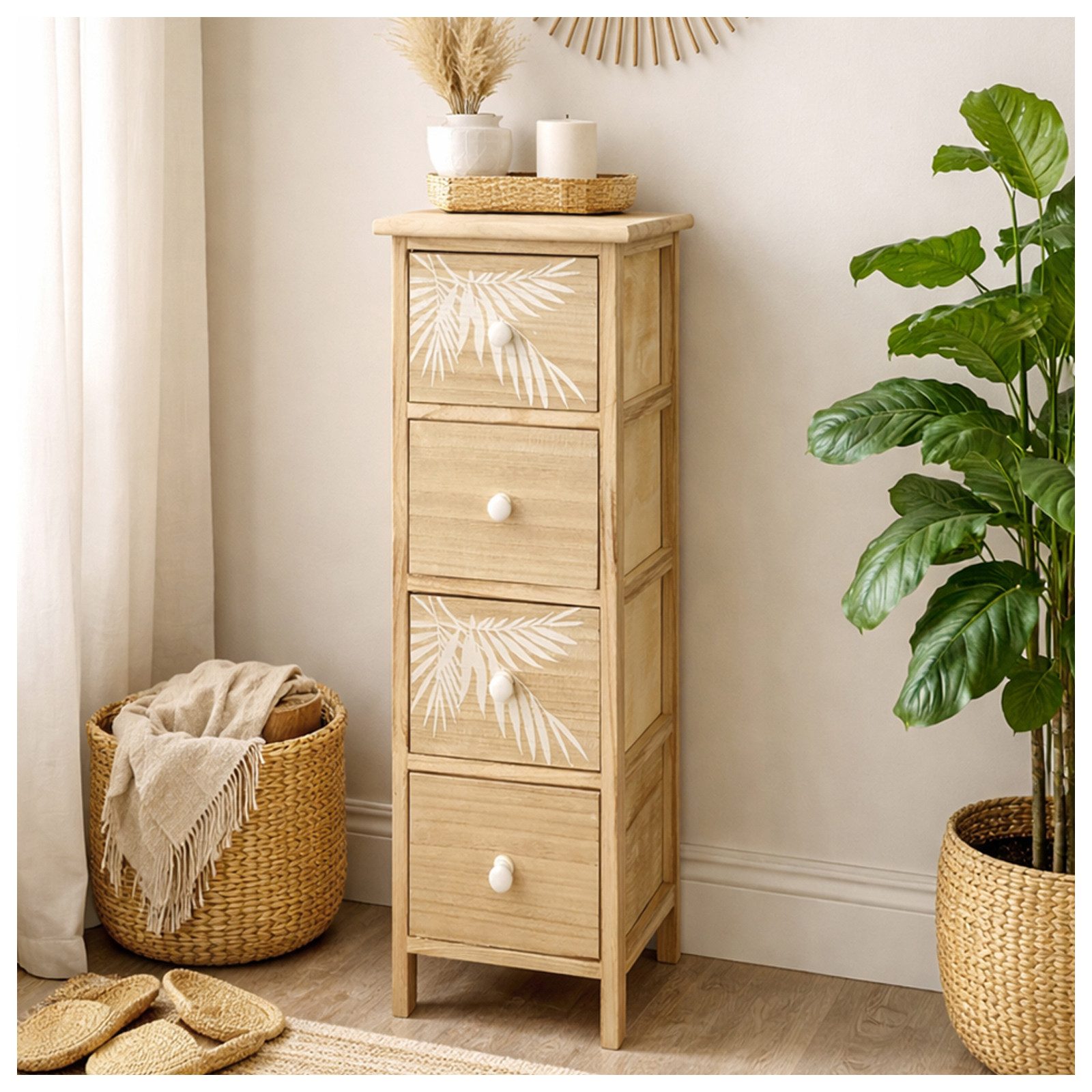 HTI-Living Kommode Kommode Melia schmal 4 Schubladen Palmen-Design Artisaneiche-Weiß (Stück, 1 St., 1 Kommode)