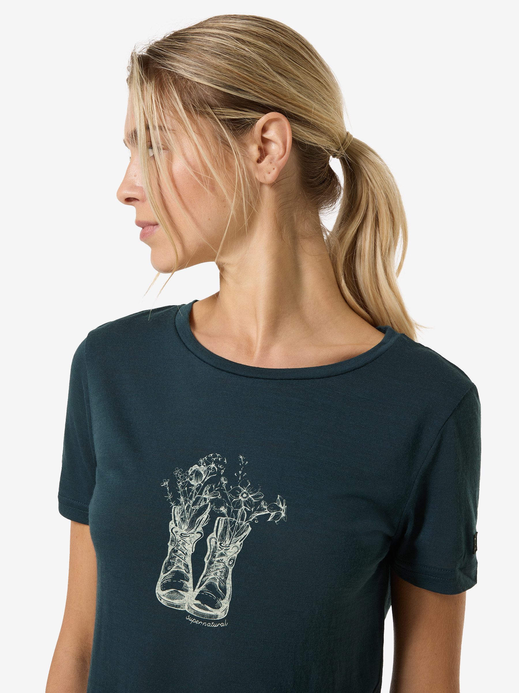 SUPER.NATURAL Print-Shirt Merino T-Shirt W FLOWER BOOTS TEE funktioneller Merino-Materialmix