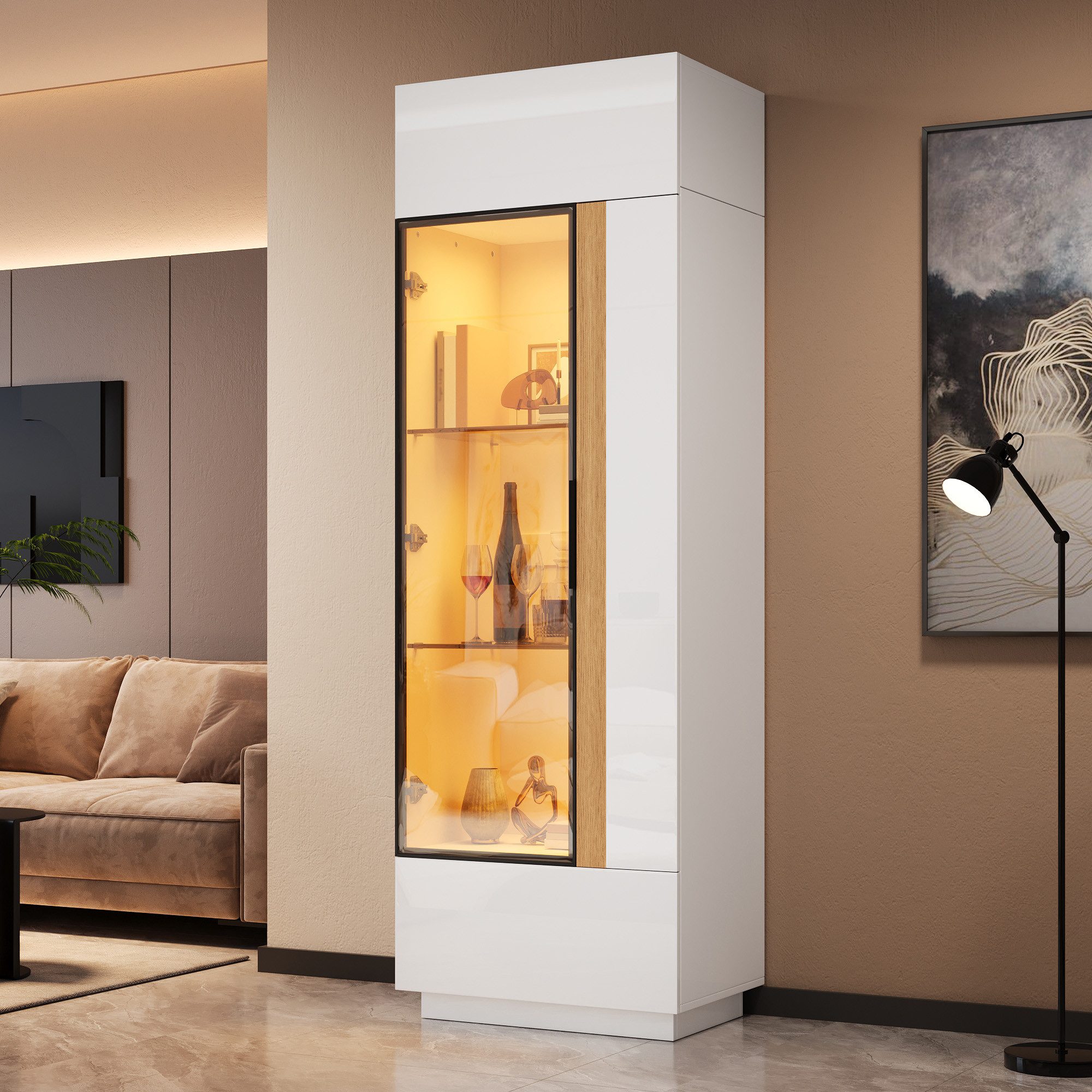 Merax Glasvitrine mit LED-Beleuchtung, Hochschrank mit Glastür und Aluminiumrahmen (1-St) Vitrinenschrank mit 3 Türen & Stauraum, …