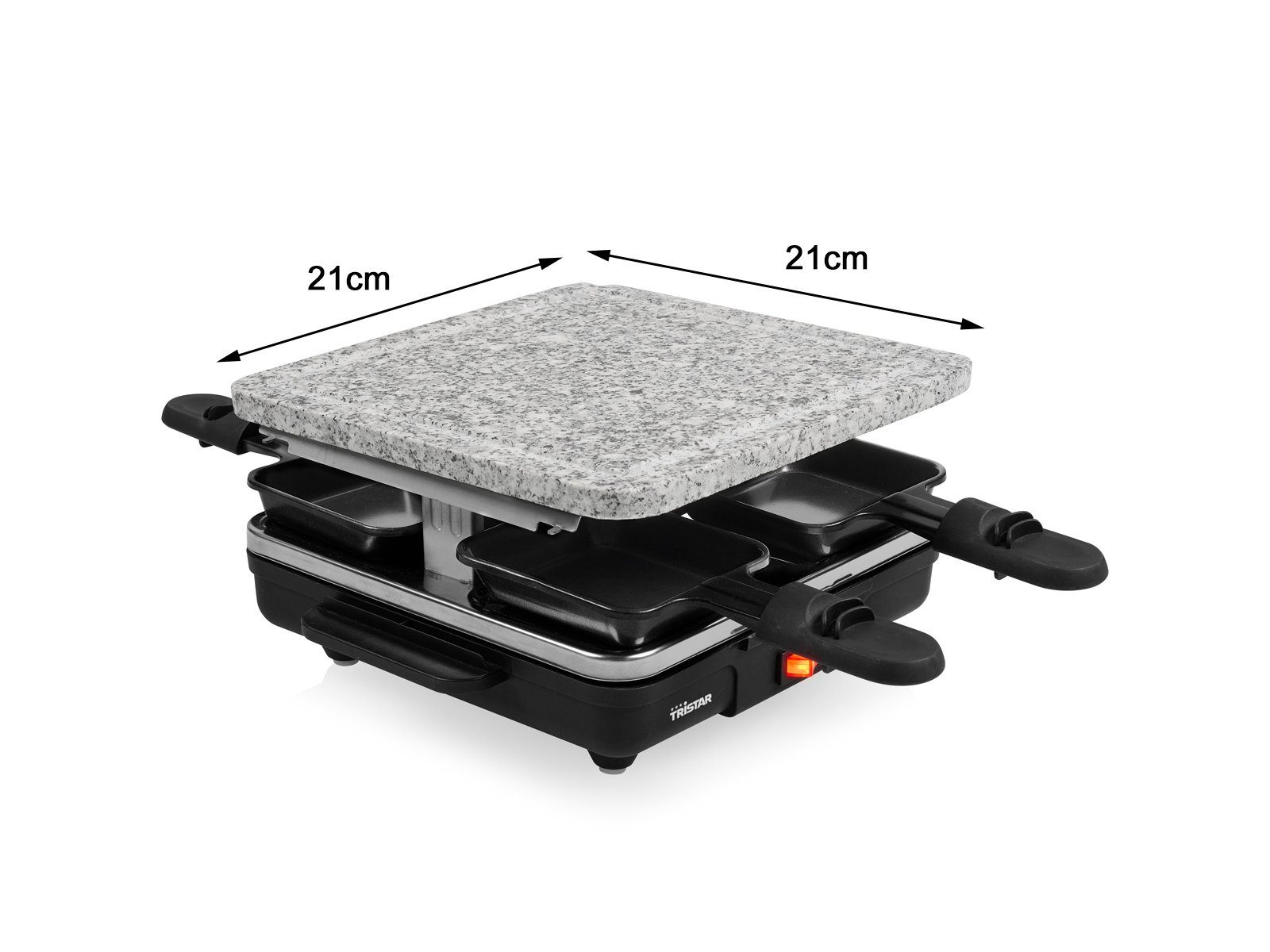 Tristar Raclette, 4 Raclettepfännchen, 600 W, Mini Gerät für 2-4 Personen, Tischgrill Steingrill mit 4 Teppangabeln