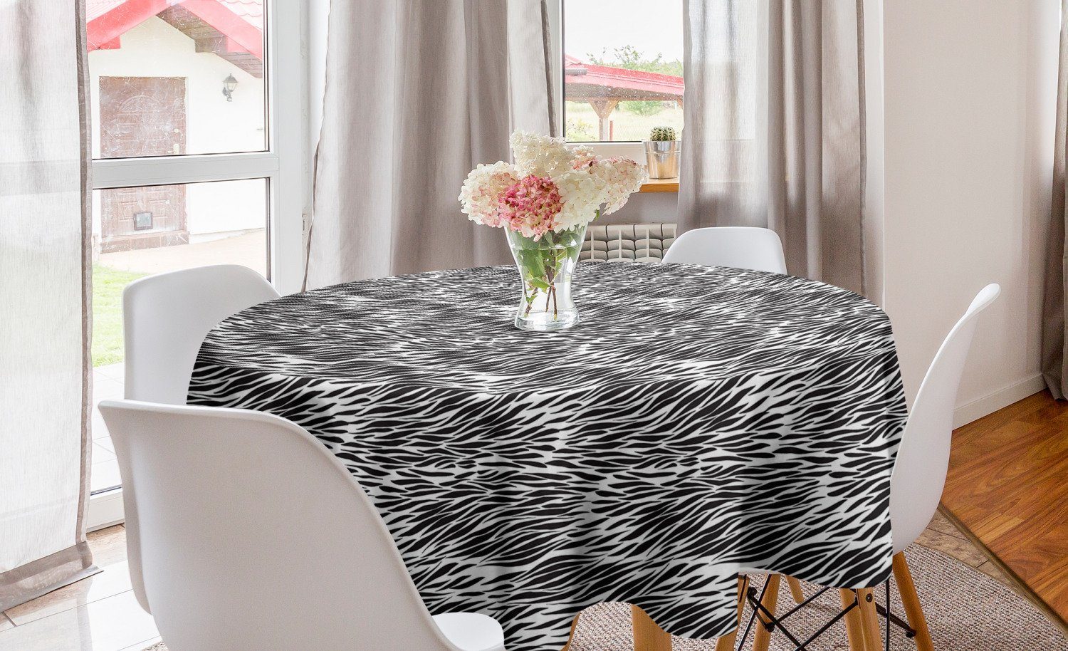 Tischdecke Schwarz Zebra-Druck Tischdecke Dekoration, Camo Abdeckung Küche Abakuhaus Esszimmer für Kreis Weiß