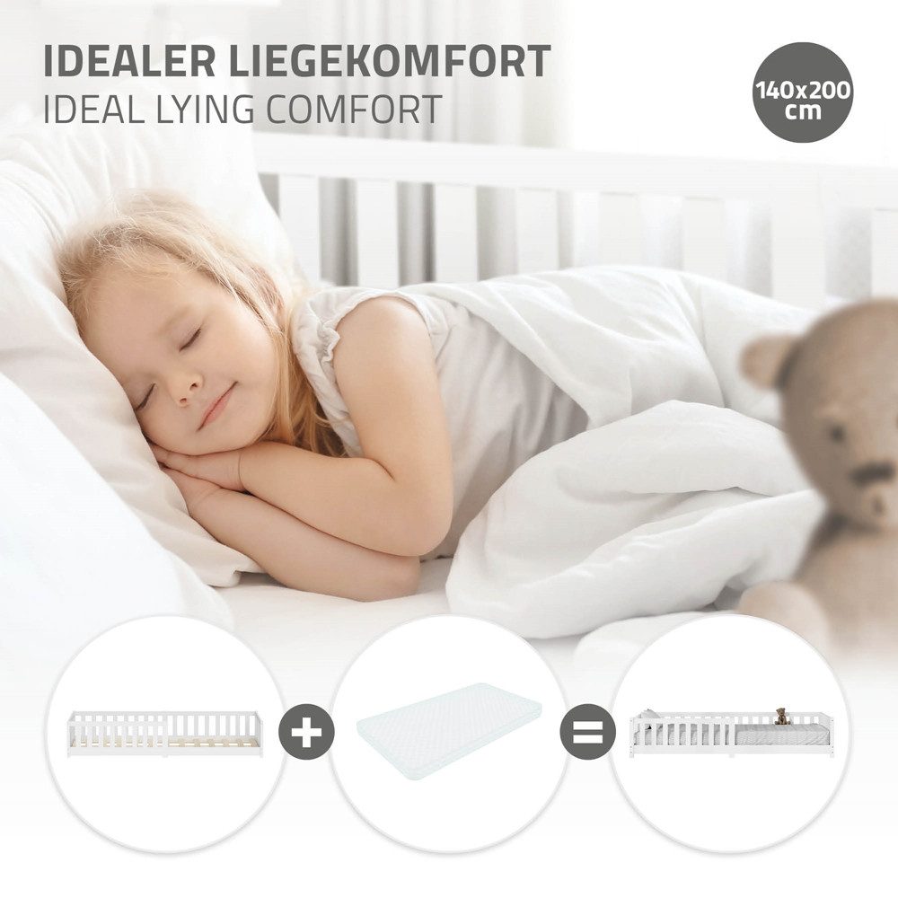 ML-DESIGN Spielbett Bodenbett Holzbett mit Lattenrost & Rausfallschutz Jugendbett Babybett, Abenteuerbett 140x200cm Weiß Kinderbett Bettgestell ohne Matratze – Bild 4 von 5