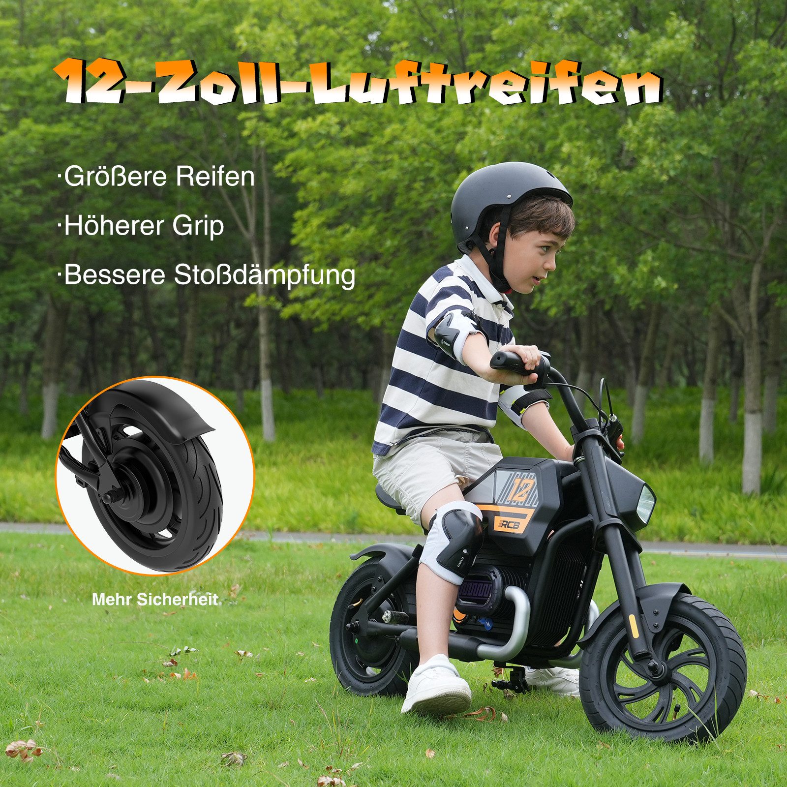 RCB Elektro-Kindermotorrad R9 mit Bluetooth, 12-Zoll Reifen, 3 Stufen-10kmh/15kmh/25kmh, bis 15KM, Belastbarkeit 80 kg, Vorderlicht für mehr Sicherheit & spaßige Lichteffekte