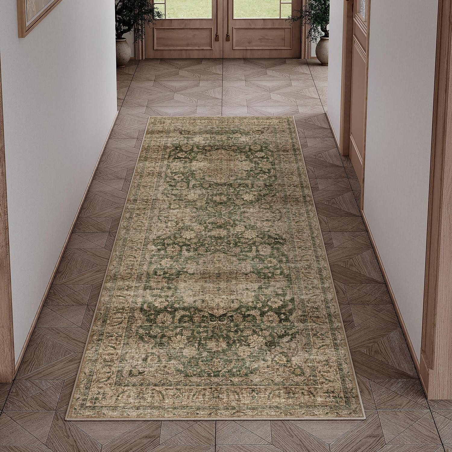 LuxusKollektion Läufer Teppich Läufer 60x180cm Grün Vintage Waschbar, rechteckig, Höhe: 5 mm