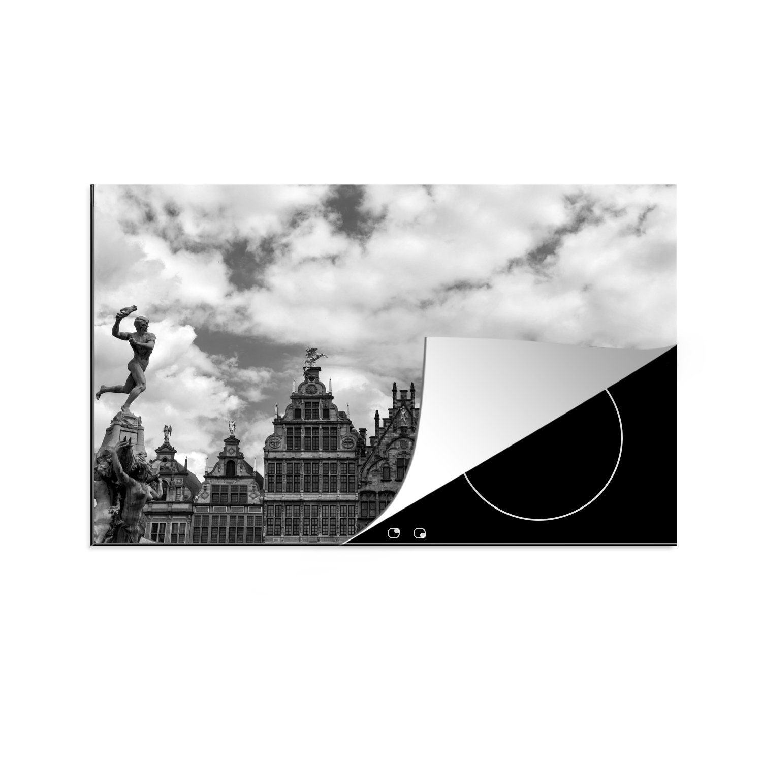 MuchoWow Herdblende-/Abdeckplatte Antwerpen - Schwarz - Weiß - Haus, Vinyl, (1 tlg), 81x52 cm, Induktionskochfeld Schutz für die küche, Ceranfeldabdeckung