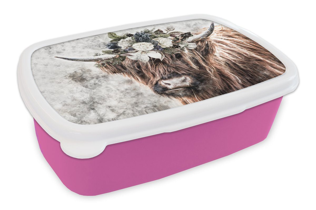 MuchoWow Lunchbox Schottischer Highlander - Rauch - Bouquet, Kunststoff, (2-tlg), Brotbox für Erwachsene, Brotdose Kinder, Snackbox, Mädchen, Kunststoff rosa