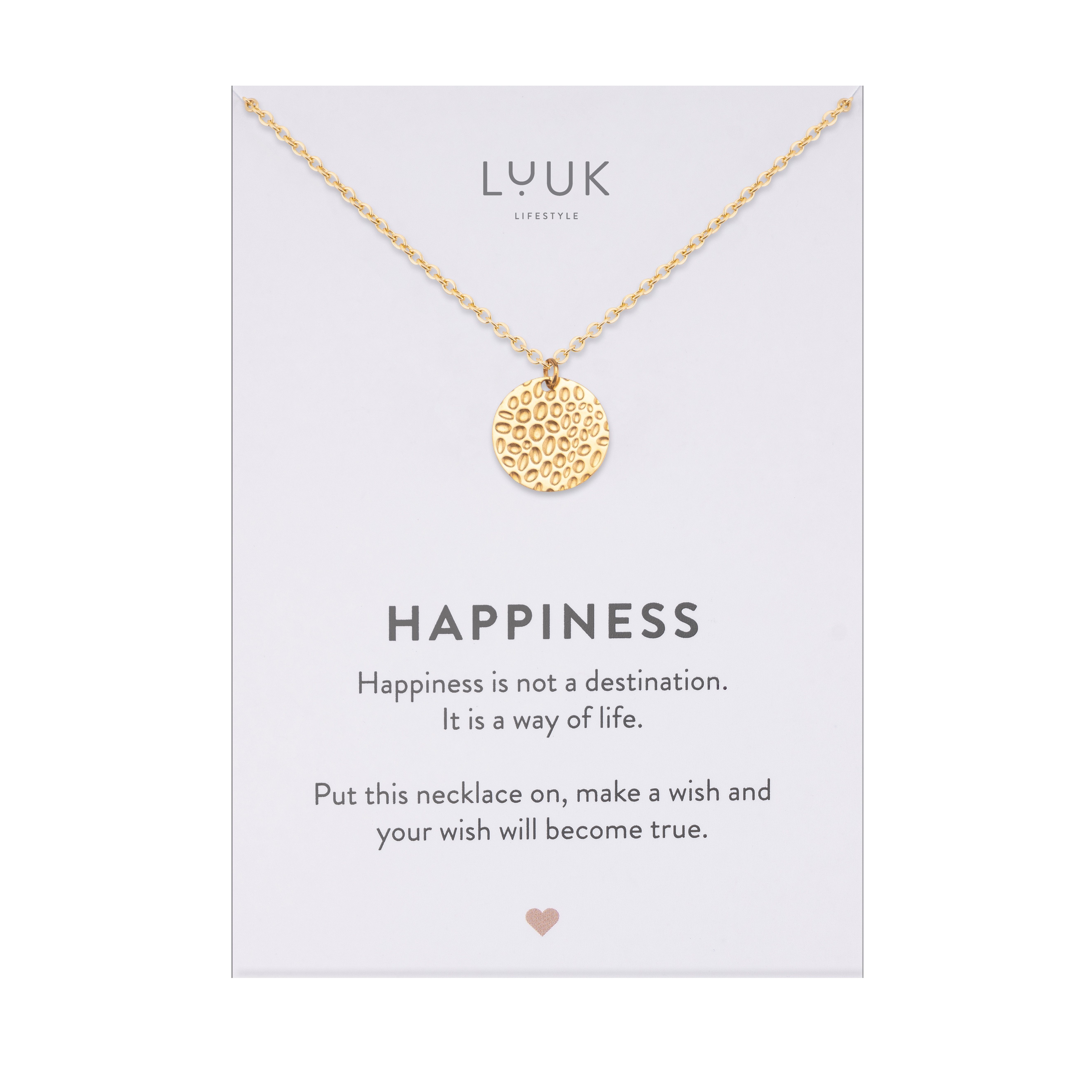LUUK LIFESTYLE Kette mit Anhänger Boho Coin hammered, mit Happiness Spruchkarte, wasserfest und hautverträglich