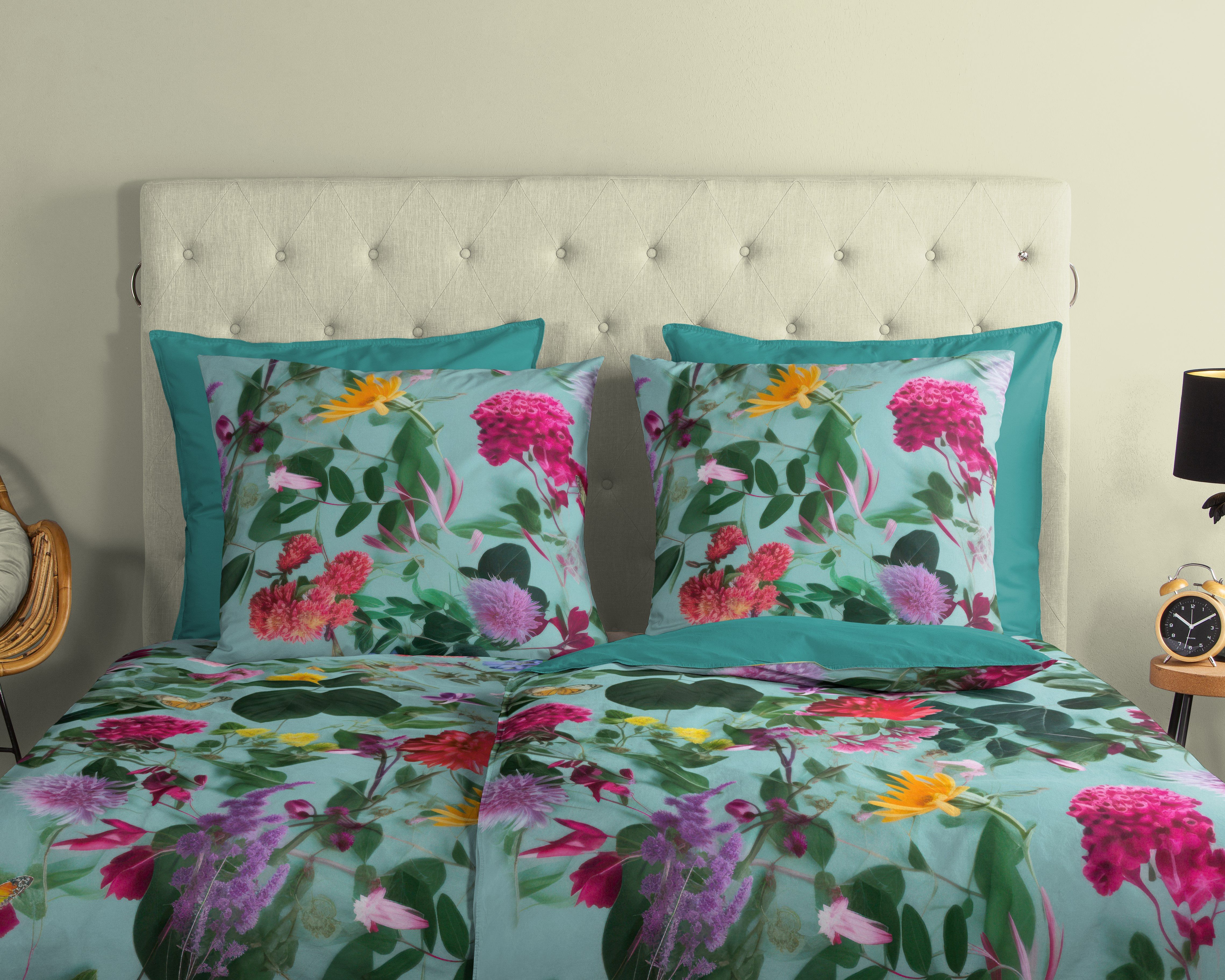 good morning Wendebettwäsche Imma, Renforcé, 2 teilig, 100% Baumwolle, Renforcé, Reißverschluss, Wendeoptik, Blumen, Aqua