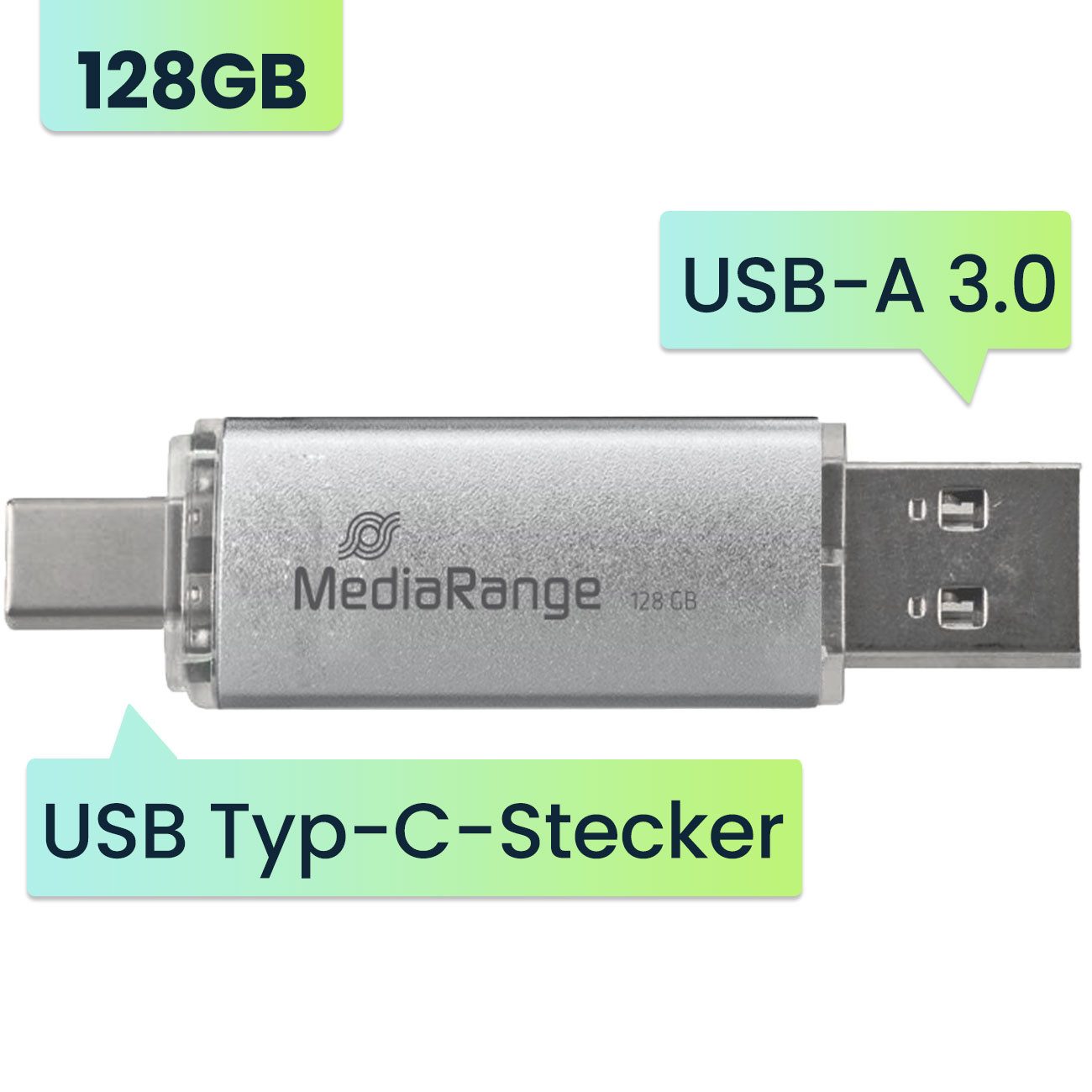 Mediarange 128GB Dual USB-Stick, USB-C & USB 3.0 Schnittstelle, Silber USB-Stick (Lesegeschwindigkeit 80 MB/s, 2in1 Speicherstick, FAT32, abwärtskompatibel, OTG-fähig)