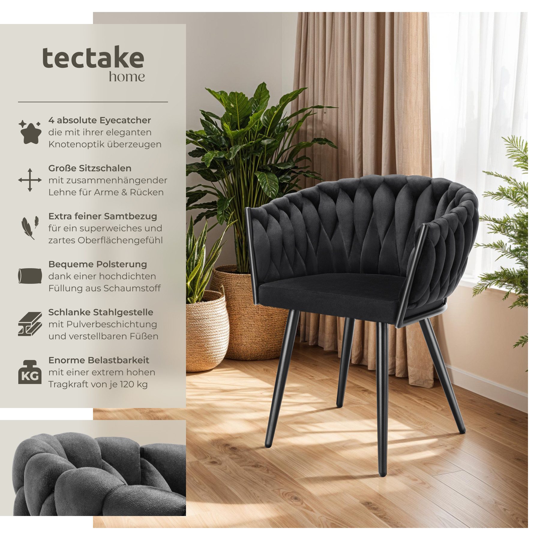 tectake Esszimmerstuhl Küchenstuhl Astano, Belastbarkeit 120 kg, schwarz (S günstig online kaufen