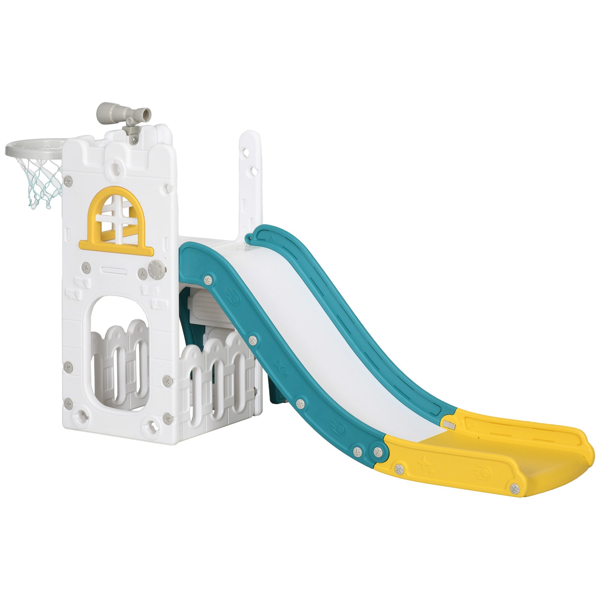 Indoor-Rutsche 4 in 1 Kinderrutsche mit Basketballkorb, Teleskop Klettergerüst