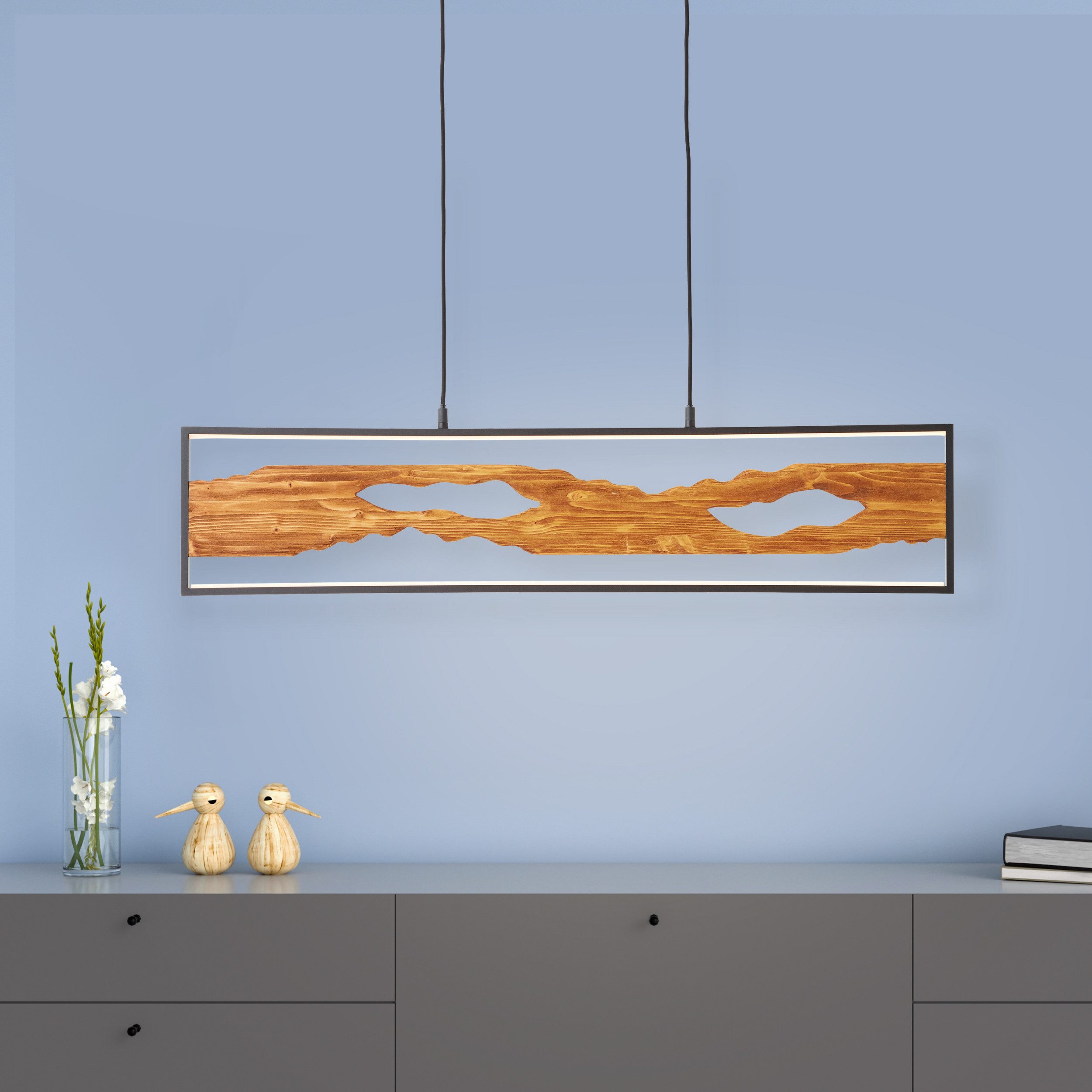 Lightbox Pendelleuchte, LED fest integriert, Warmweiß, LED Hängelampe, 150 cm Höhe, höhenverstellbar, 2300 lm, warmweiß, Holz