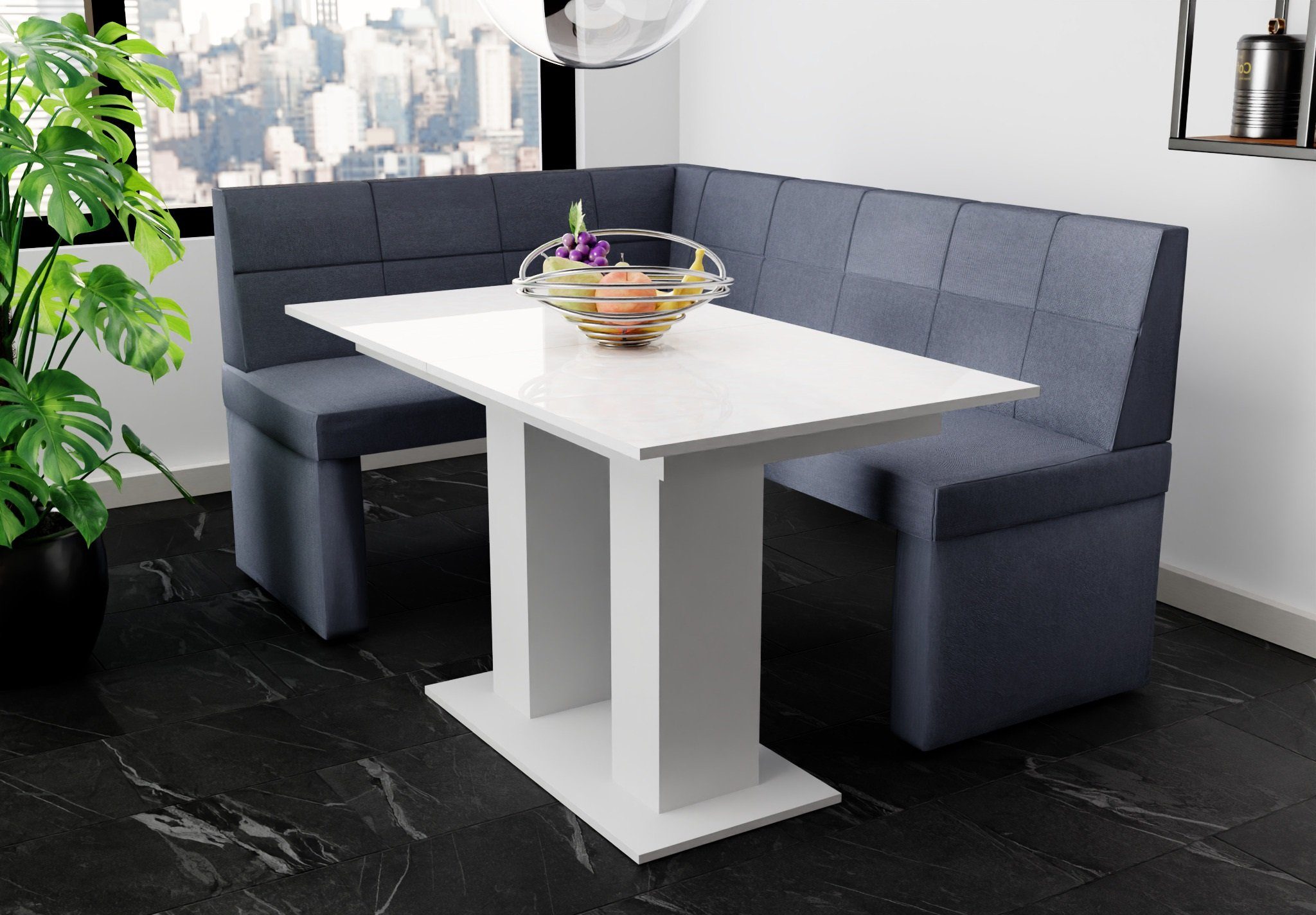 Fun Möbel Eckbankgruppe Eckbankgruppe „BLAKE“ Größe 168x128cm mit Tisch Weiß Hochglanz, ausziehbarer Tisch