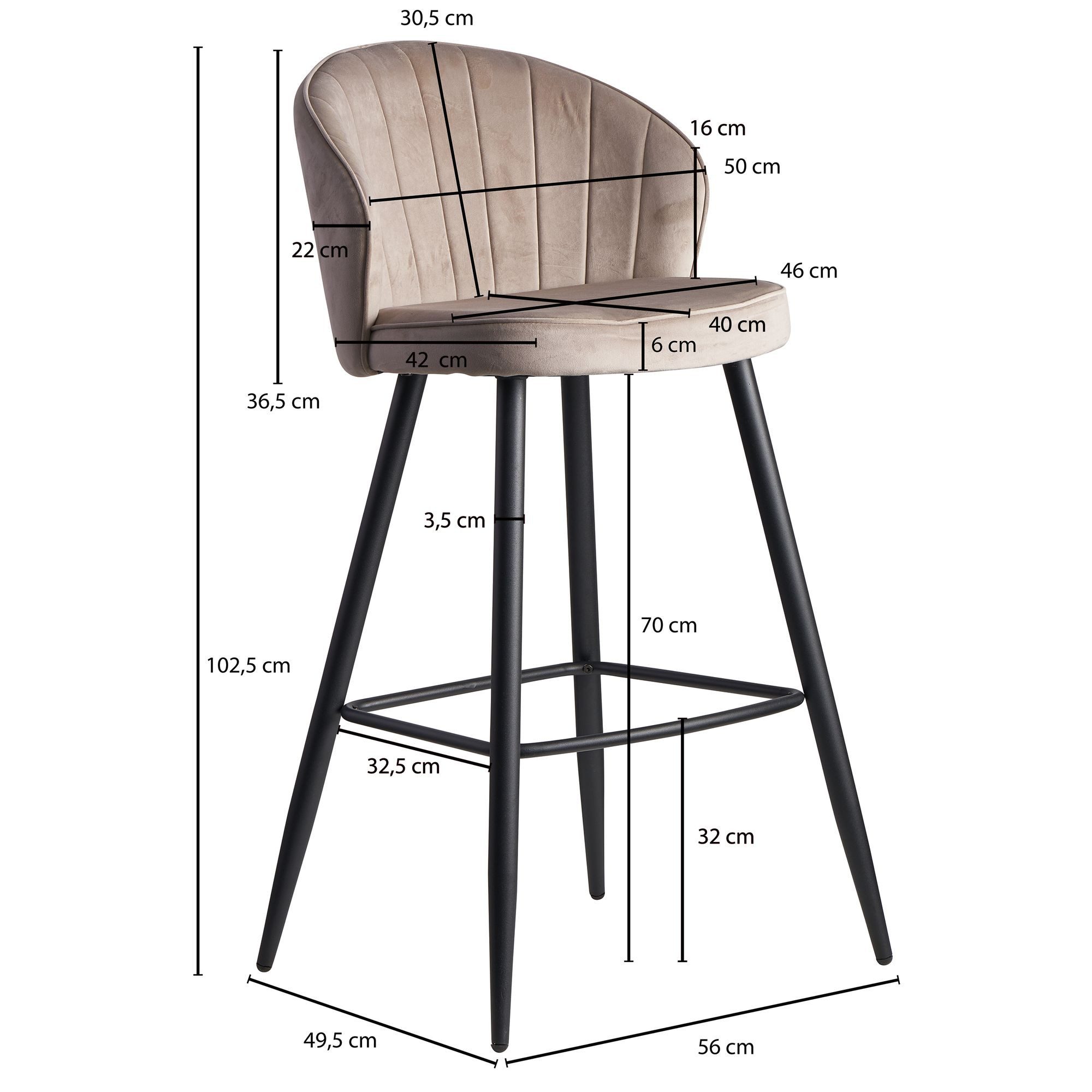Wohnling Barhocker WL6.291 Samt Beige Barstuhl Tresenhocker mit Lehne Stoff Hocker 110k (Samt Beige Hocker mit Lehne 56x102, 5 cm, 5x52), Barstuhl, Küchenhocker Skandinavisch 110 kg