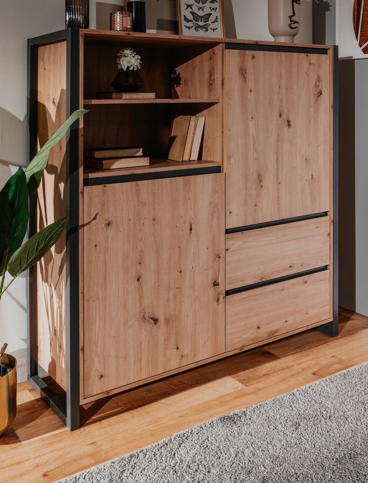 Furn.Design Highboard Malta (Schrank in Eiche Artisan mit Anthrazit, 120 x 140 cm), Industrial Design