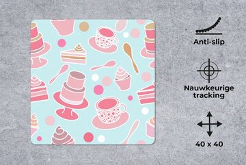 MuchoWow Gaming Mauspad Torte - Tee - Cupcake - Rosa - Design (1-St), Mousepad mit Rutschfester Unterseite, Gaming, 40x40 cm, XXL, Großes