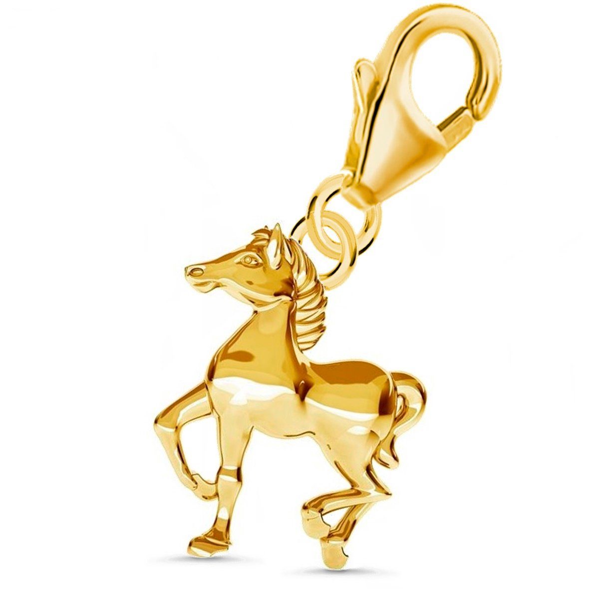 Karabiner Charm-Einhänger 925 Silber Pferd Goldene Vergoldet Etui), Anhänger für Bettelarmband (inkl. Charm Hufeisen