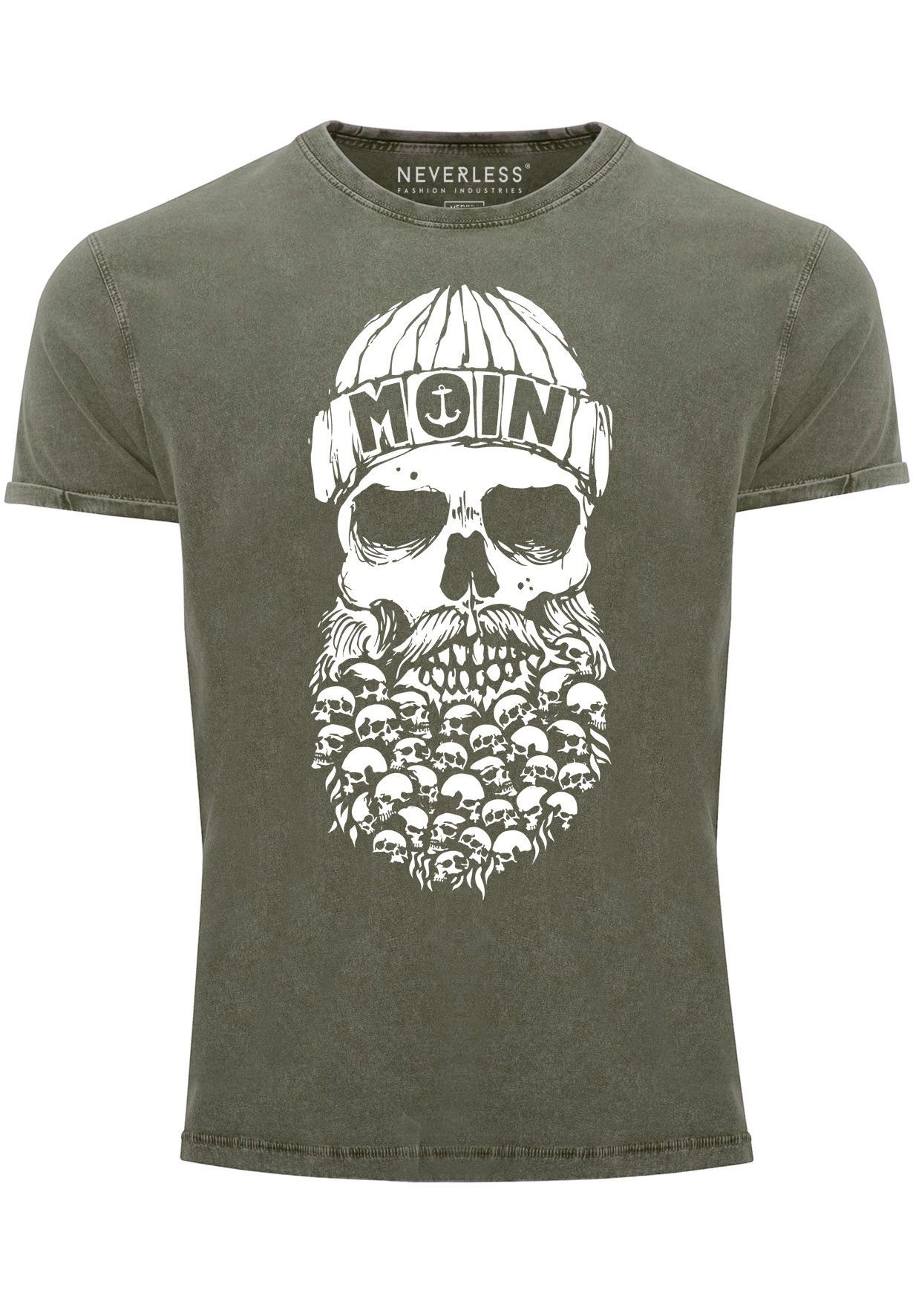 Neverless Print-Shirt Herren Vintage Shirt Totenkopf Nordisch Moin Hamburg Dialekt Skull Ank mit Print oliv