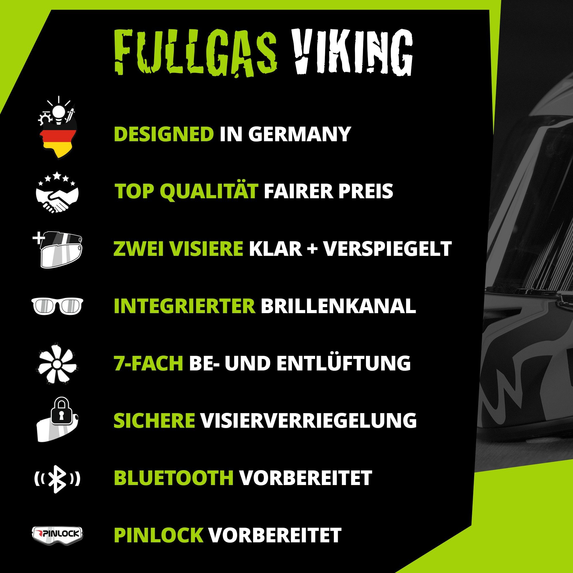 Broken Head Motorradhelm Fullgas Viking V2 Pro (Mit blau verspiegeltem Visier), Pinlock vorbereitet