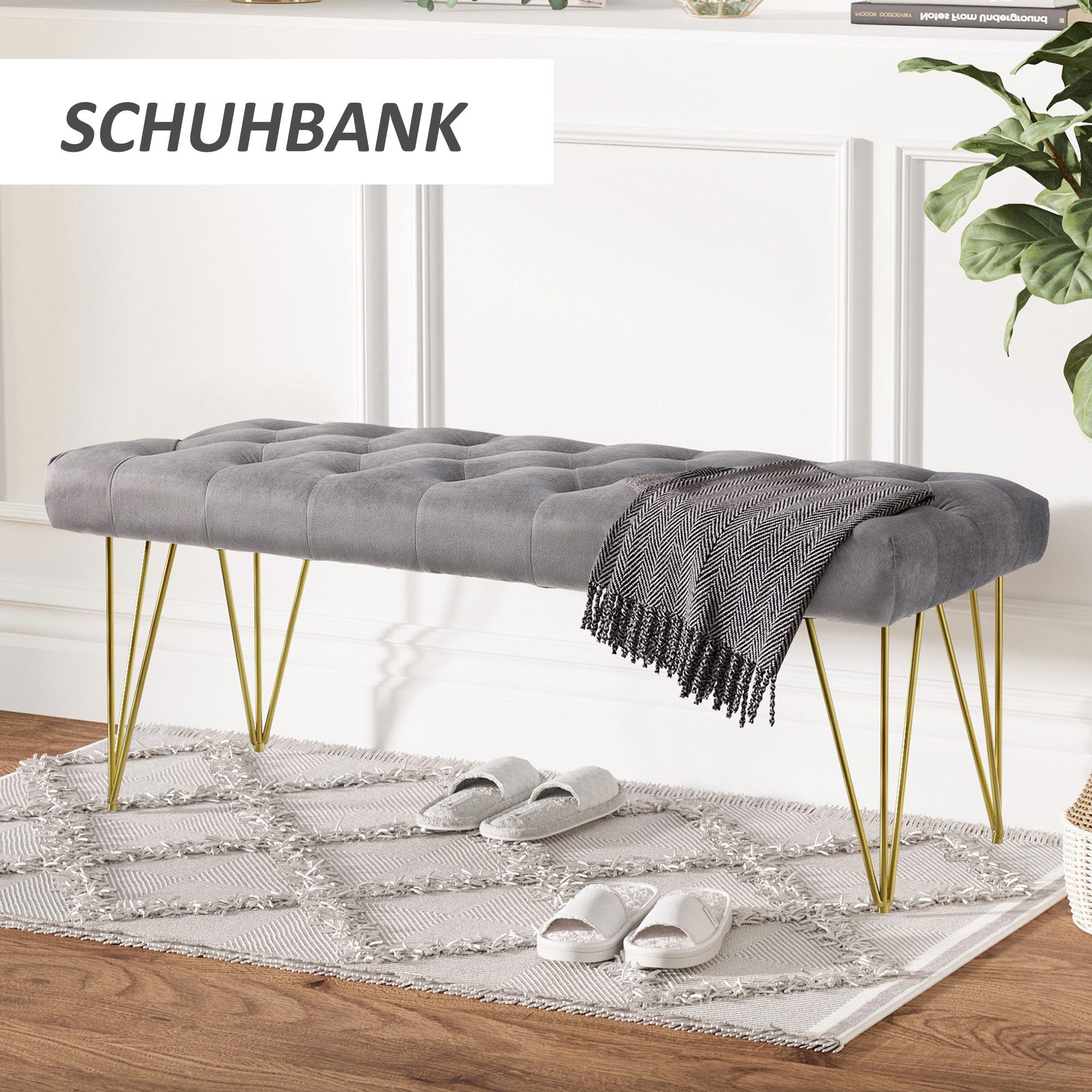 MODFU Polsterbank Sitzbank Grau 116x44,5x49 cm, Samtbezug für Flur & Diele (Packung, 1-St., Praktische Schuhbank für Ordnung im Eingangsbereich), Stilvolle & bequeme Sitzgelegenheit mit komfortablem Stoff