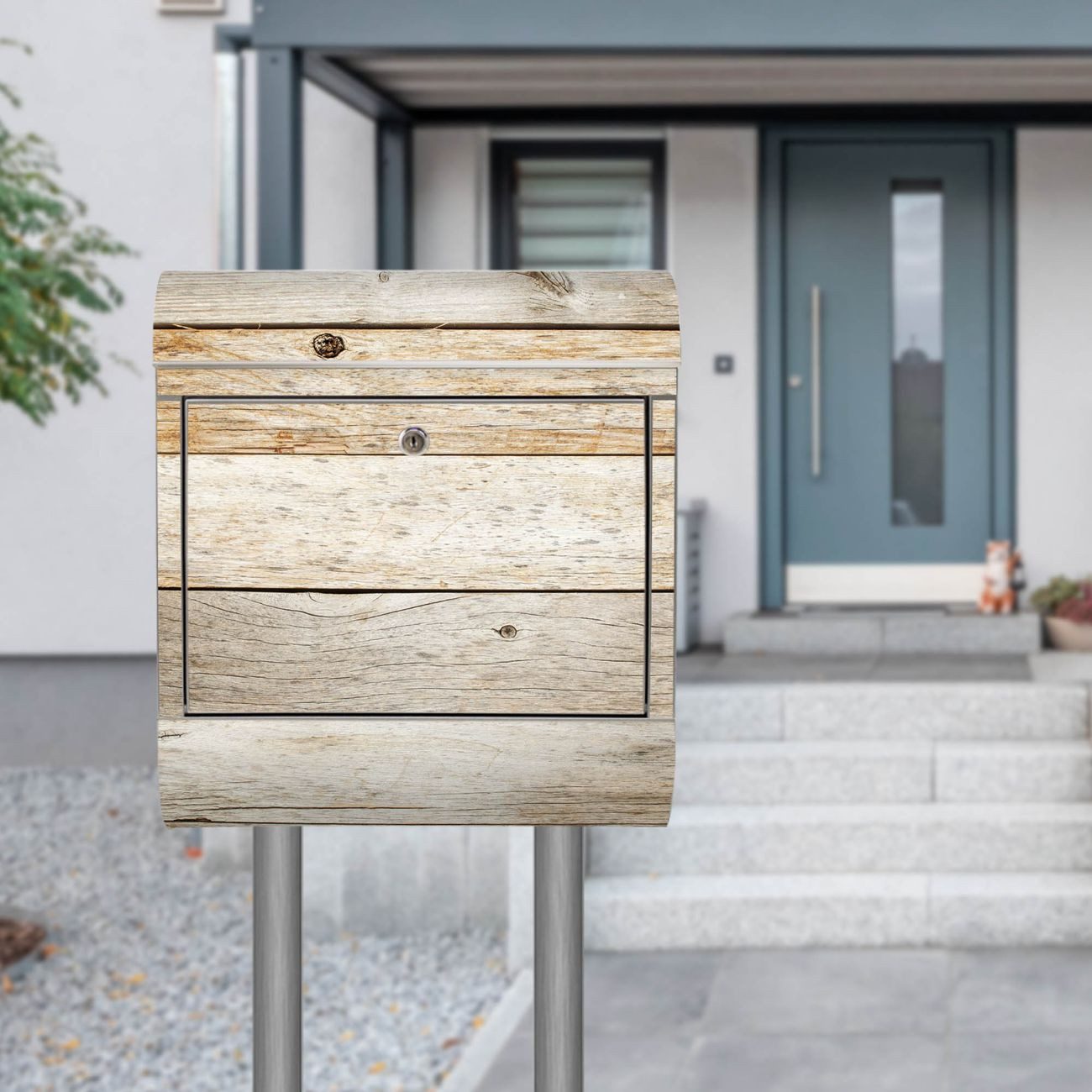 banjado Standbriefkasten Edelstahl Graues Holz (Standbriefkasten Graues Holz, mit Zeitungsfach), 126 x 53 x 17cm