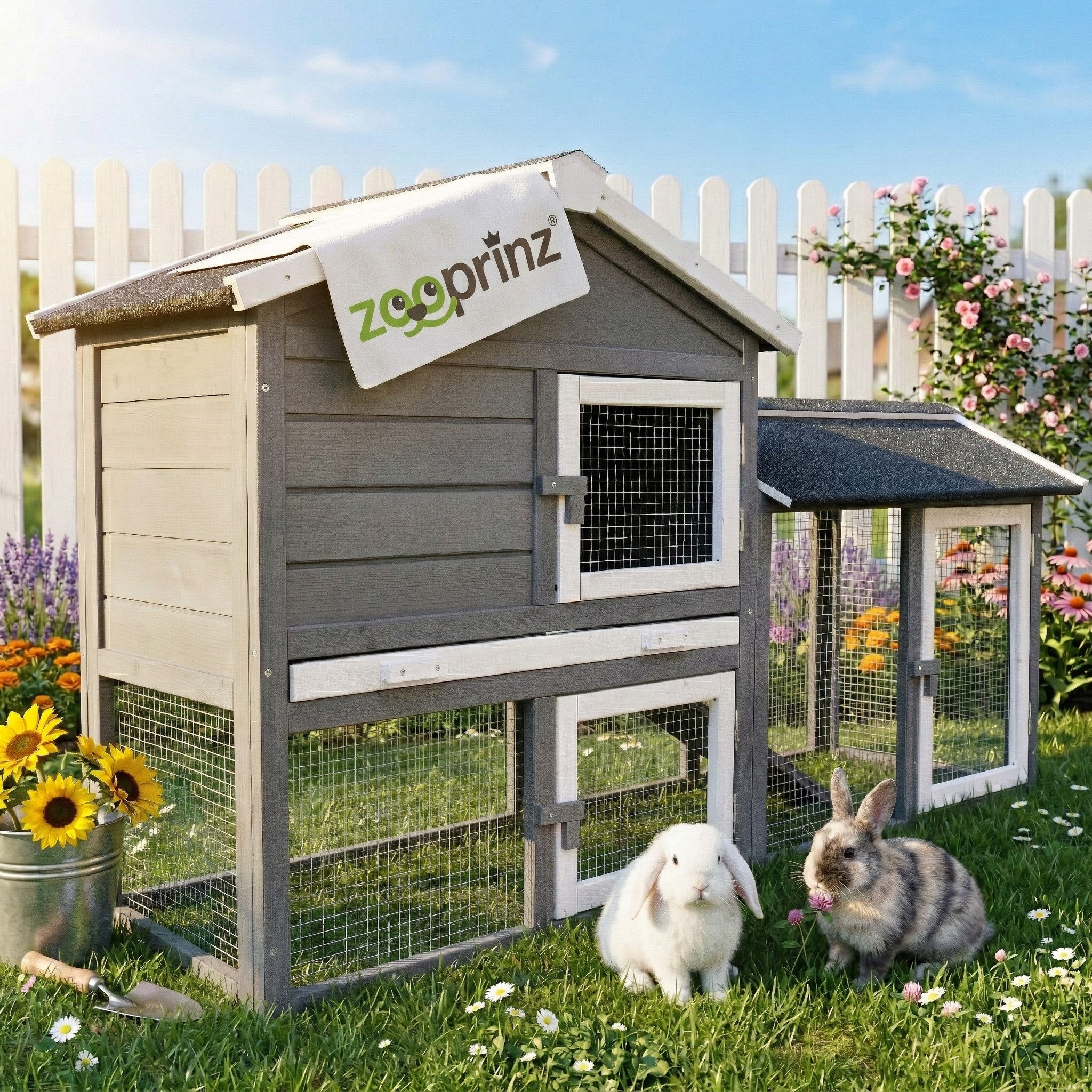 Zooprinz Kleintierstall Dream Grey mit Auslauf 146x86x50 cm (BxHxT), Kotschublade aus Metall, Lasiertes Kieferholz, Klappdach