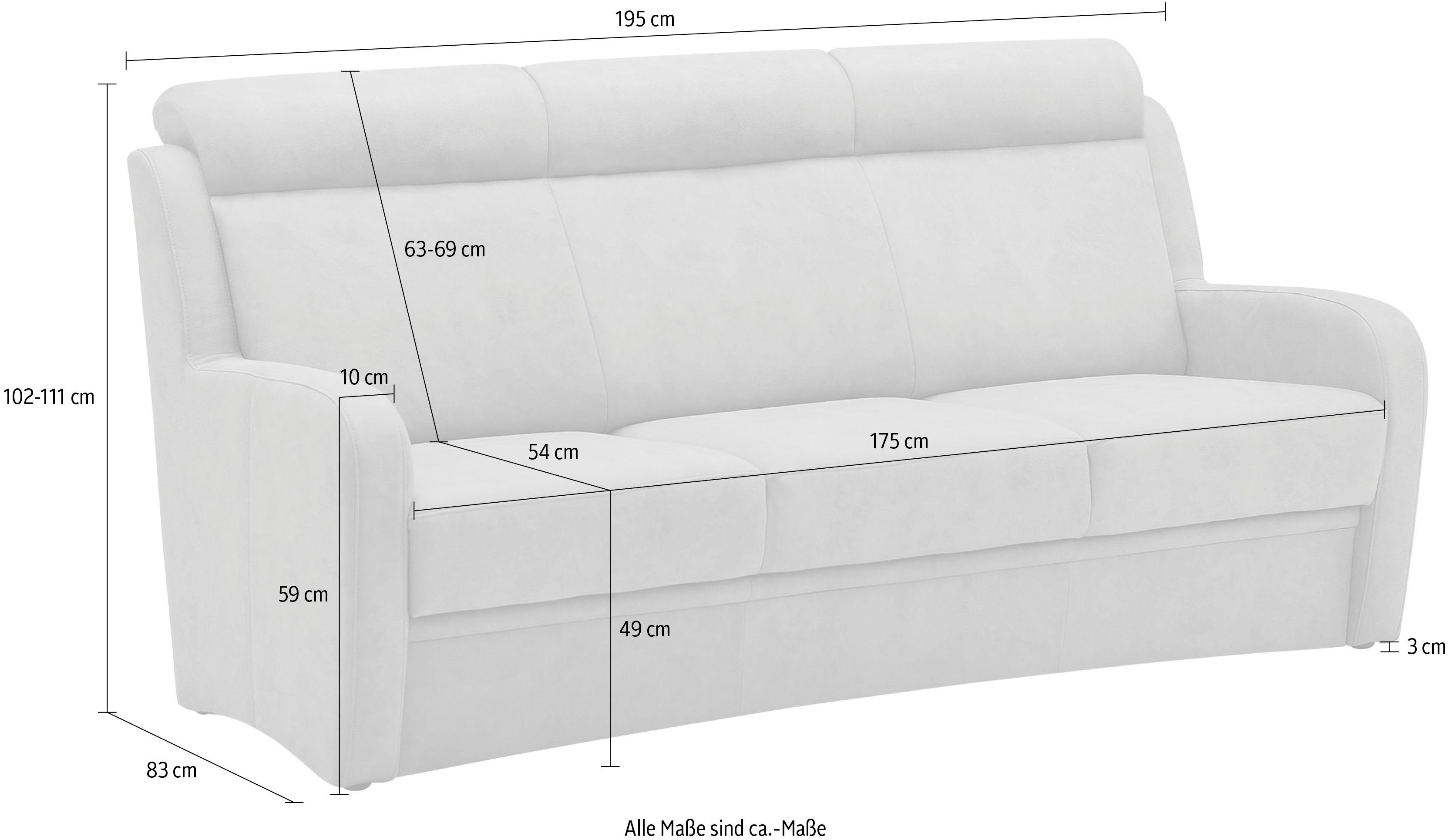 1 in 49 Kopfteilverstellung, cm mit wahlweise Sitzvorzug, Varese, VILLA 3-Sitzer Teile, BECK Sitzhöhe