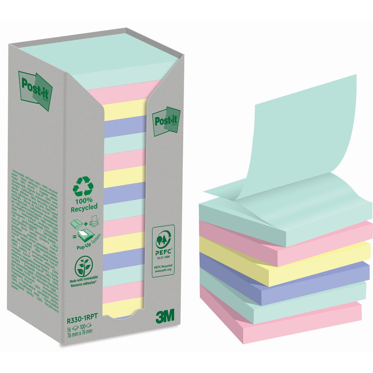Post-it Notes Haftnotizblock Haftnotizblock Recycling Notes - 76 x 76 mm sortiert 16 x 100 Blatt.