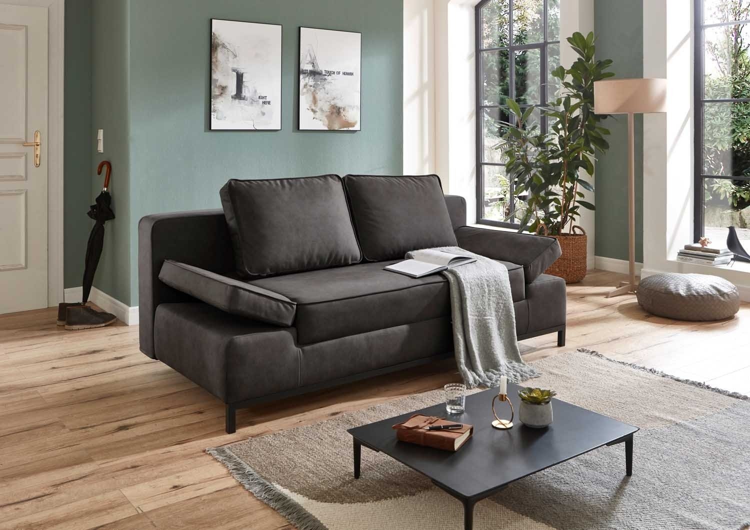 Sofa JARNY, Stoffbezug, Anthrazit, Schlaffunktion, mit Bettkasten und Kissen