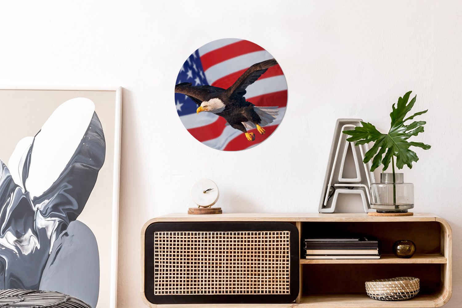 MuchoWow Gemälde der Rundes Forex, Flagge, amerikanischen 30x30 (1 cm Wanddekoration vor Wandbild, Kreis Weißkopfseeadler Amerikanischer Wohnzimmer, St)
