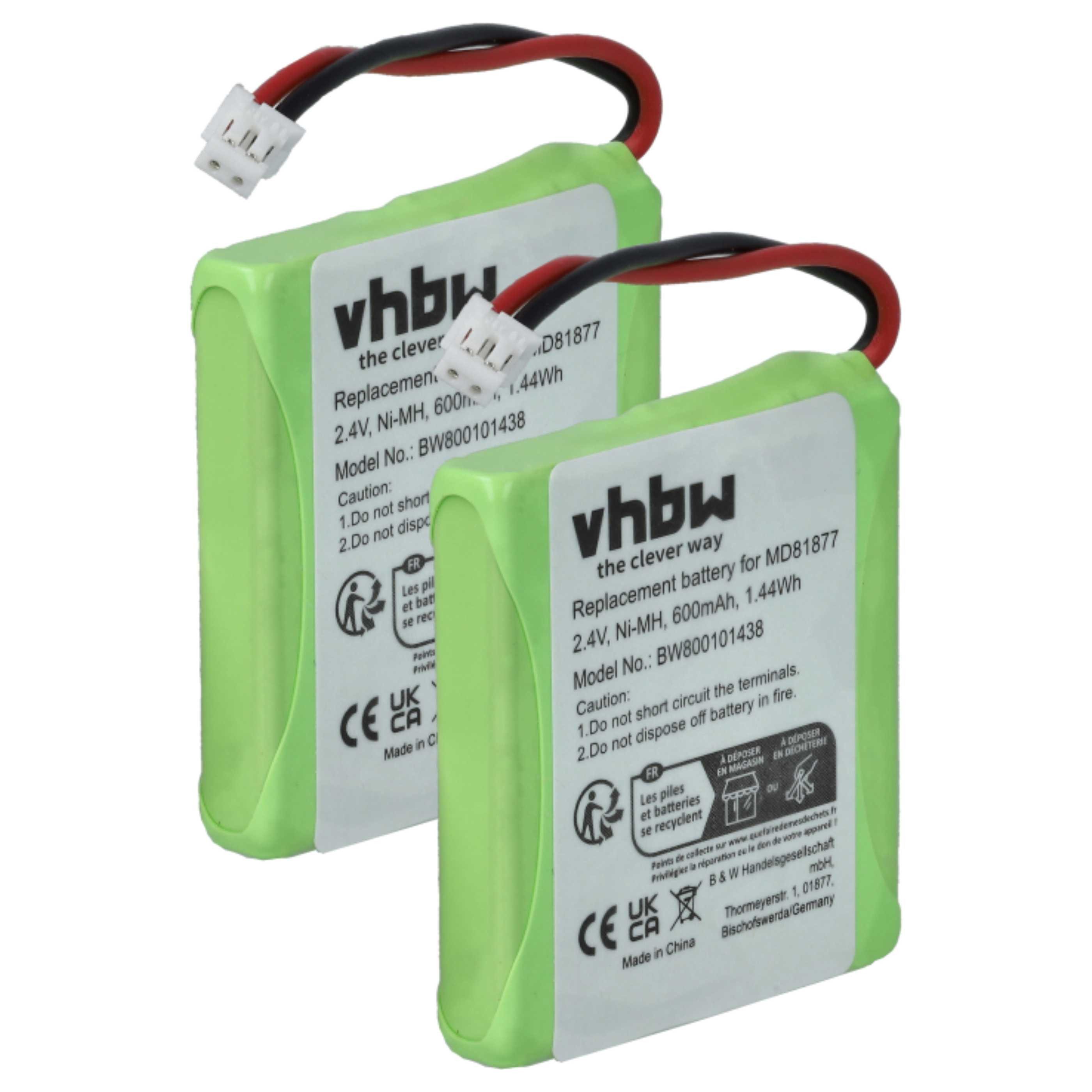vhbw Akku passend für Telekom Sinus A201 Festnetz & DECT (600 mAh, 2,4 V, Akku Akku NiMH 600 mAh (2,4 V, 2 St), Leistungsfähige Austausch-Akkus für Telefon, Festnetz oder schnurloses