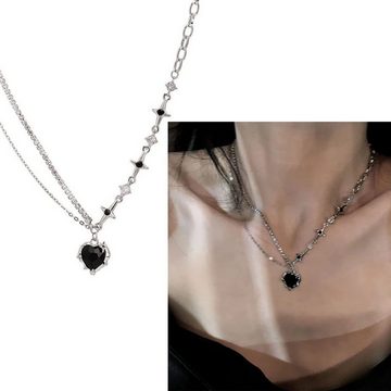 LENBEST Charm-Kette Charm Halskette Layered Black Crystal Heart Silber Anhänger Halskette (1-tlg)
