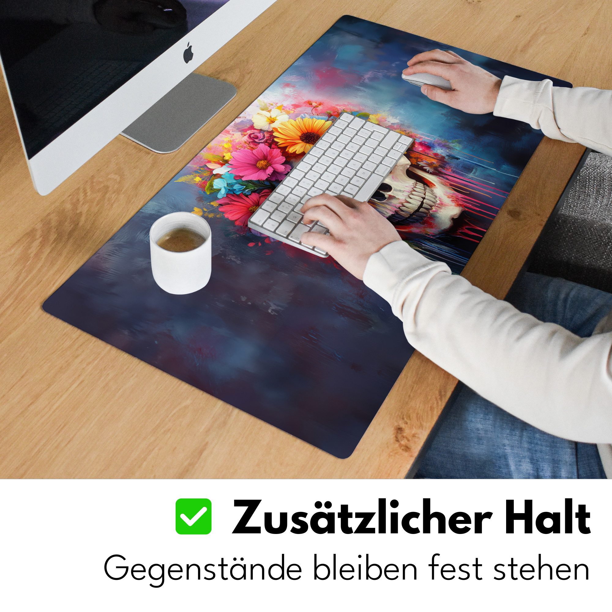 MuchoWow Gaming Mauspad Totenkopf - Blumen - Totenkopf - Bunt (1-St), Gaming Mauspad XXL, Schreibtischunterlage, Desk Mat Groß, 80x40 cm