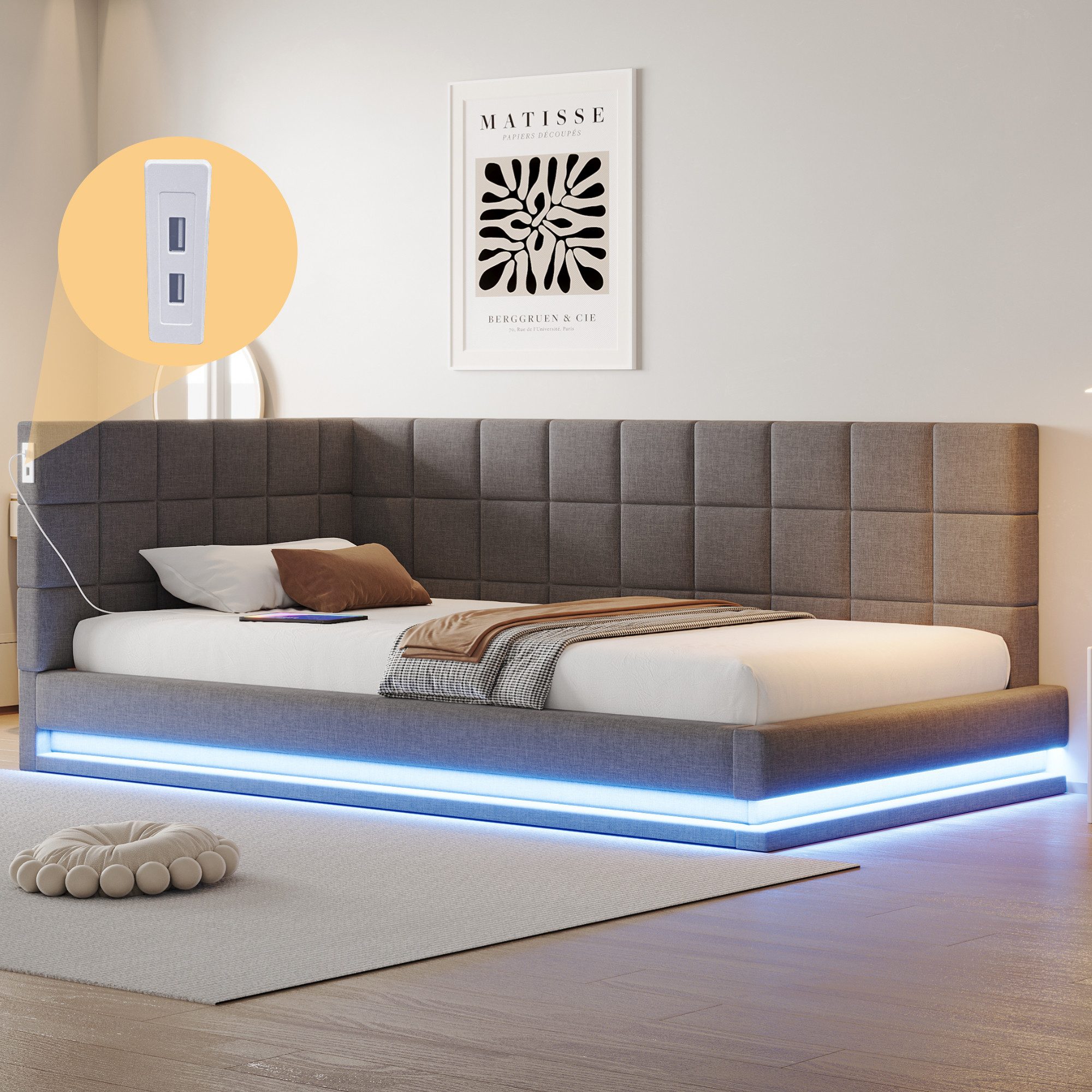 REDOM Schlafsofa Polsterbett,Funktionsbett,Jugendbett, Multifunktionales Polsterbett-Schlafsofa mit LED-Lichtleiste und USB-Anschluss. 90x200 cm, ohne Matratze