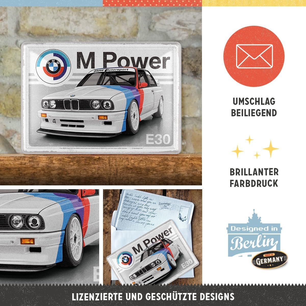 BMW Schlüsselanhänger BMW Motorsport Blechpostkarte E30 10x14 cm Vintage Grußkarte (1-tlg)