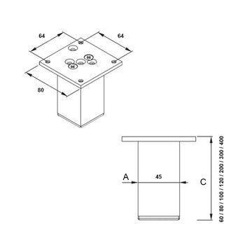 sossai® Möbelfuß Aluminium Möbelfüße in Edelstahl Optik, (4-St)